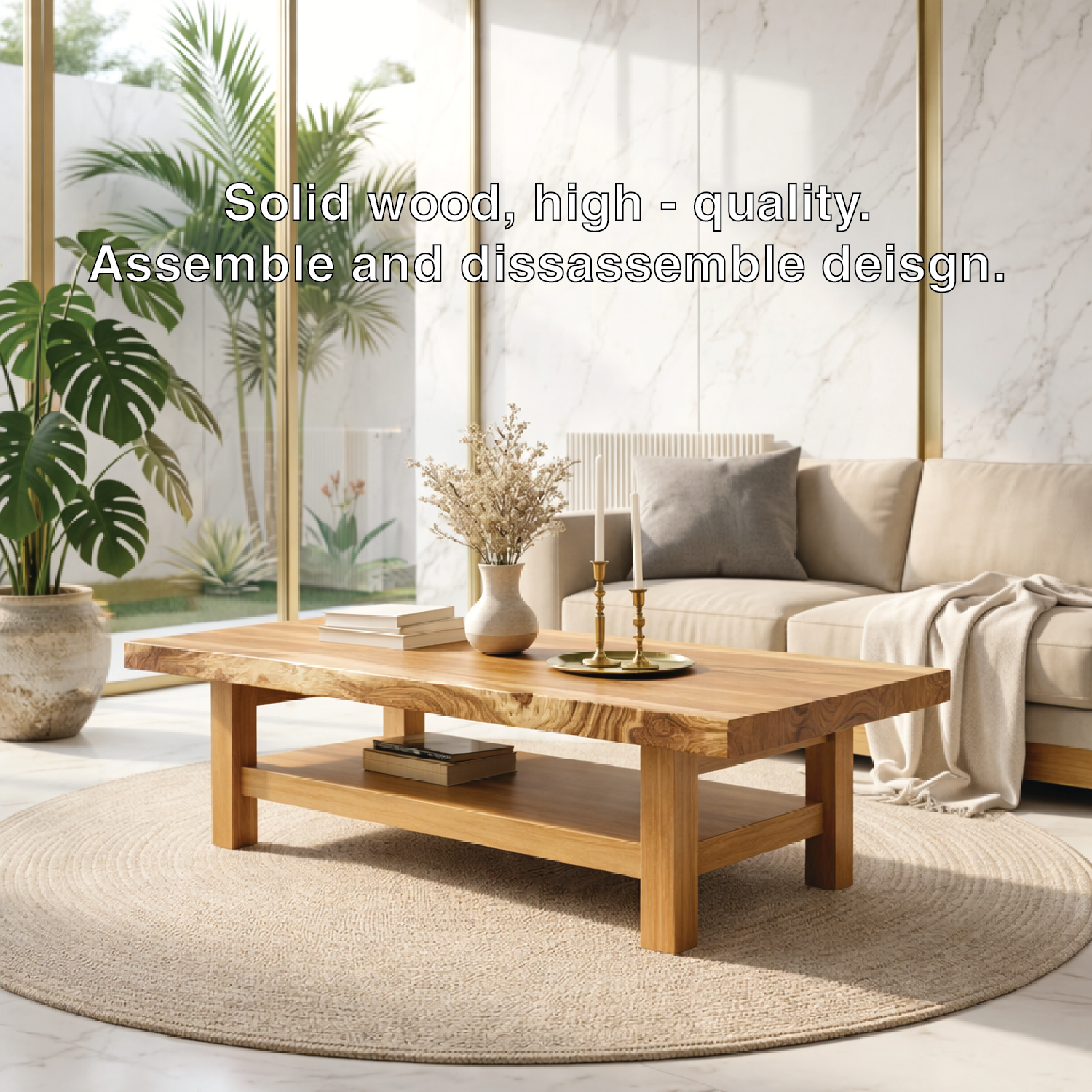 Handcrafted Solid Wood Coffee Table with Open Shelf and Natural Finish
