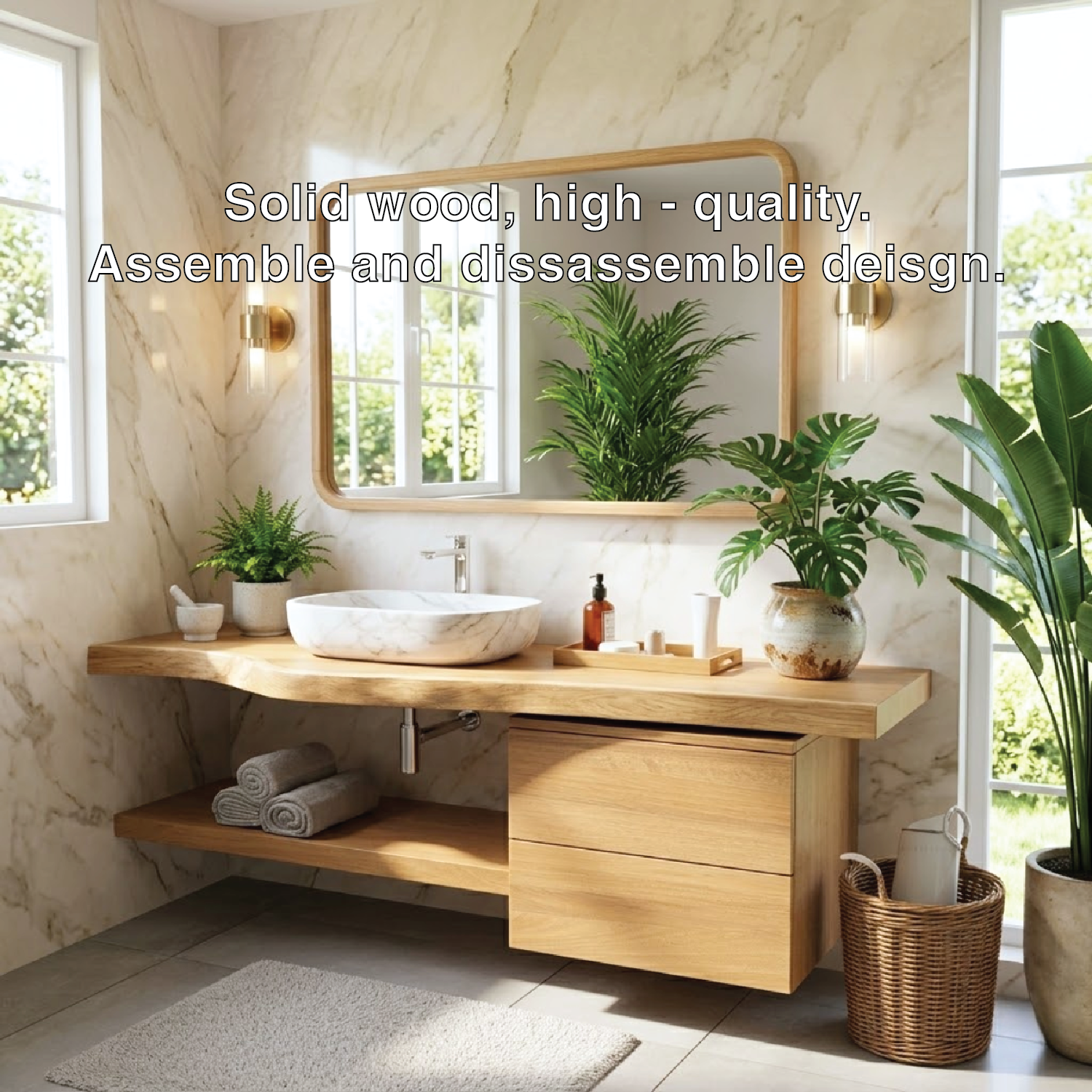 Floating Bathroom Vanity with Natural Wood Finish and Open Shelf