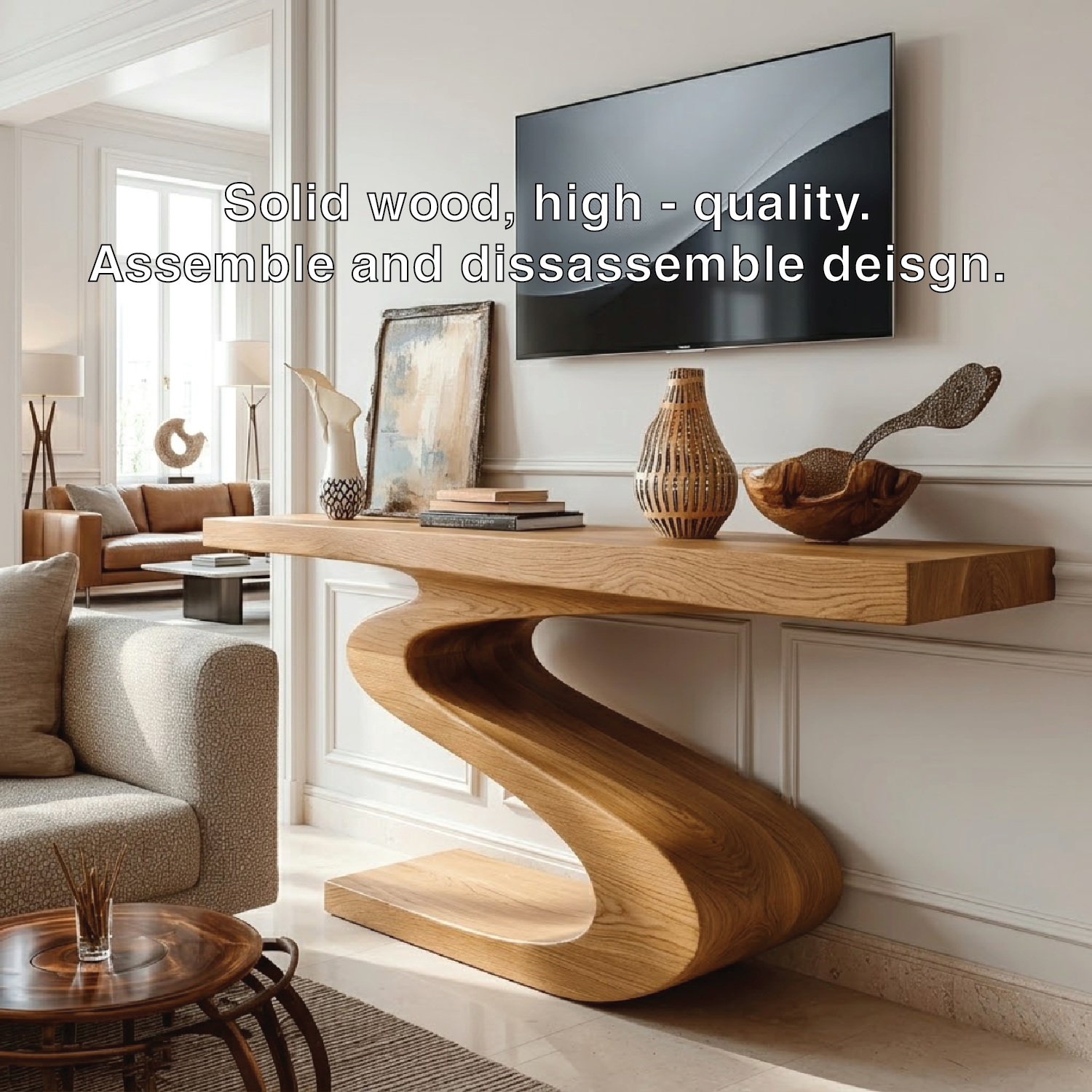 Solid Wood Console Table with Sculpted Curved Base, Modern Artistic Design
