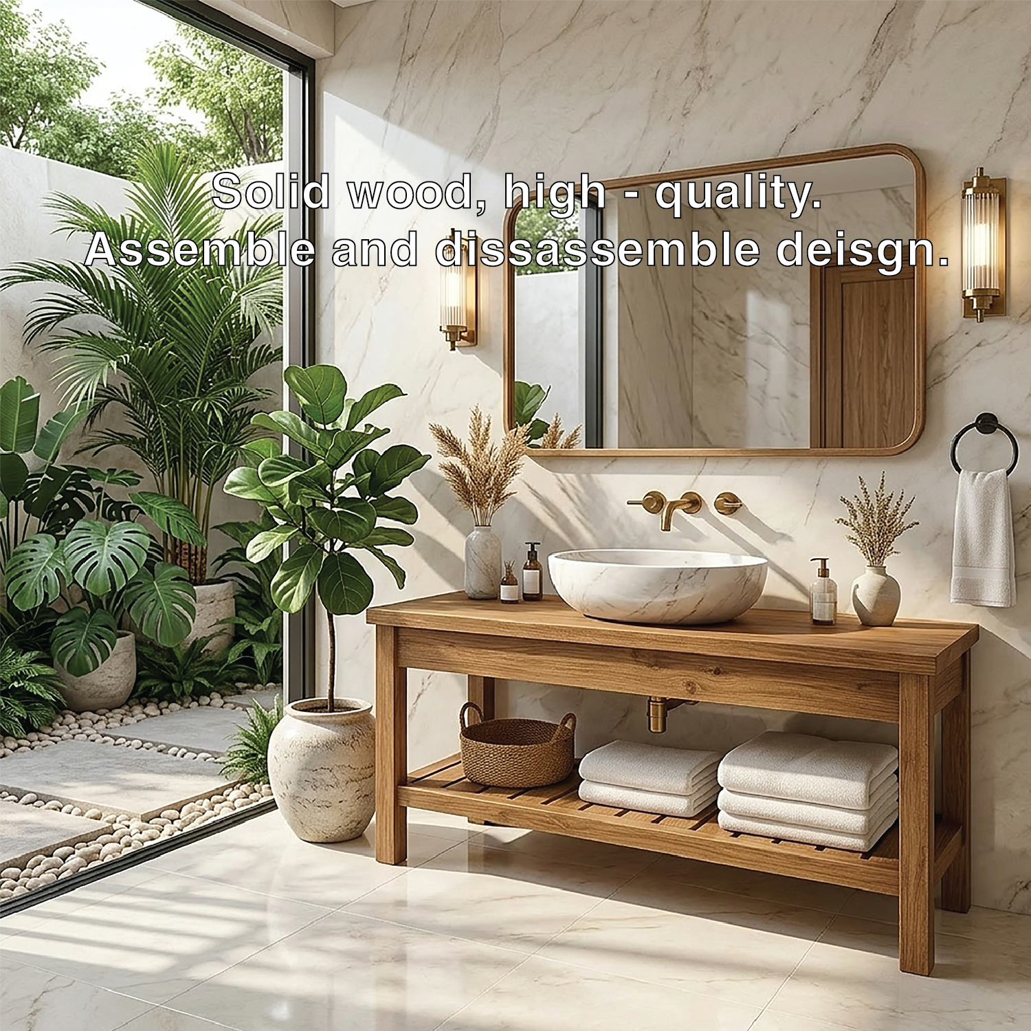Modern Oak Bathroom Vanity with White Marble Sink and Golden Fixtures