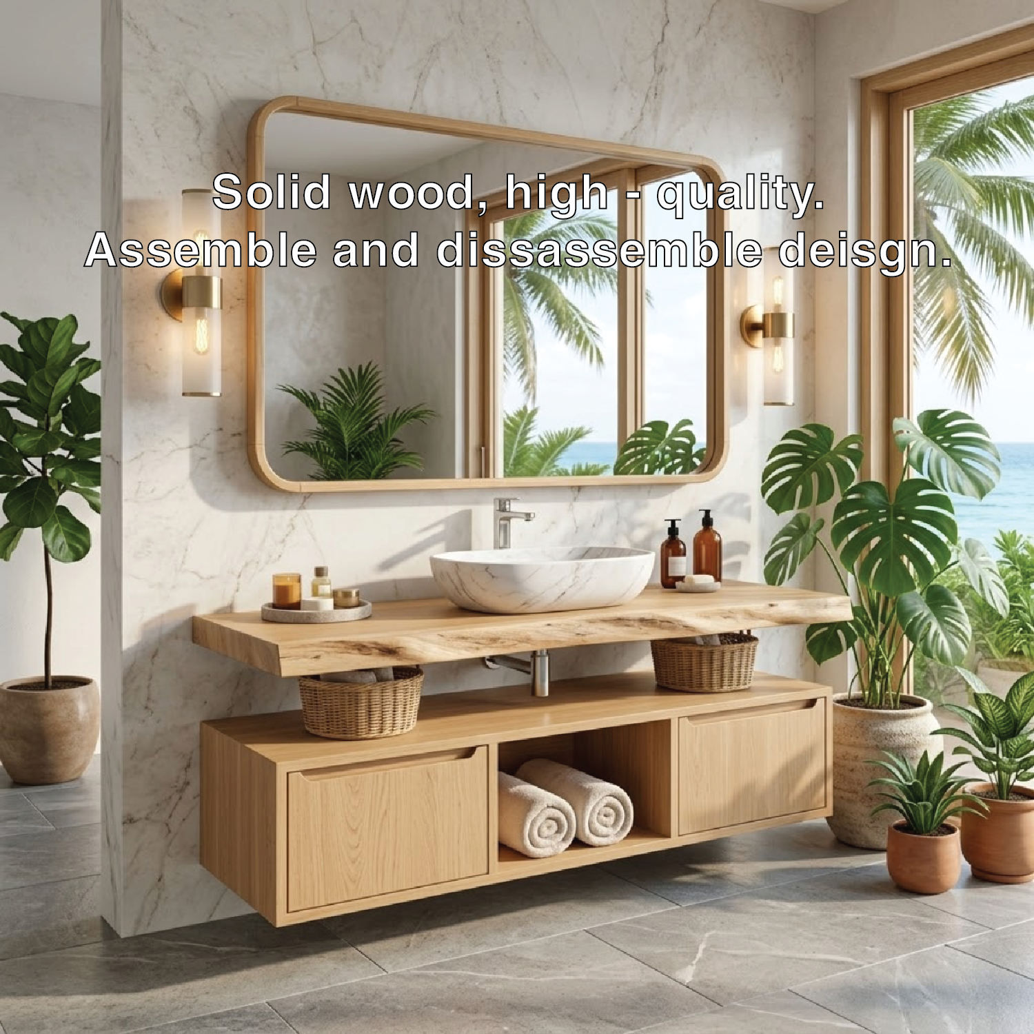 Floating Bathroom Vanity with Natural Wood Design and Spacious Storage
