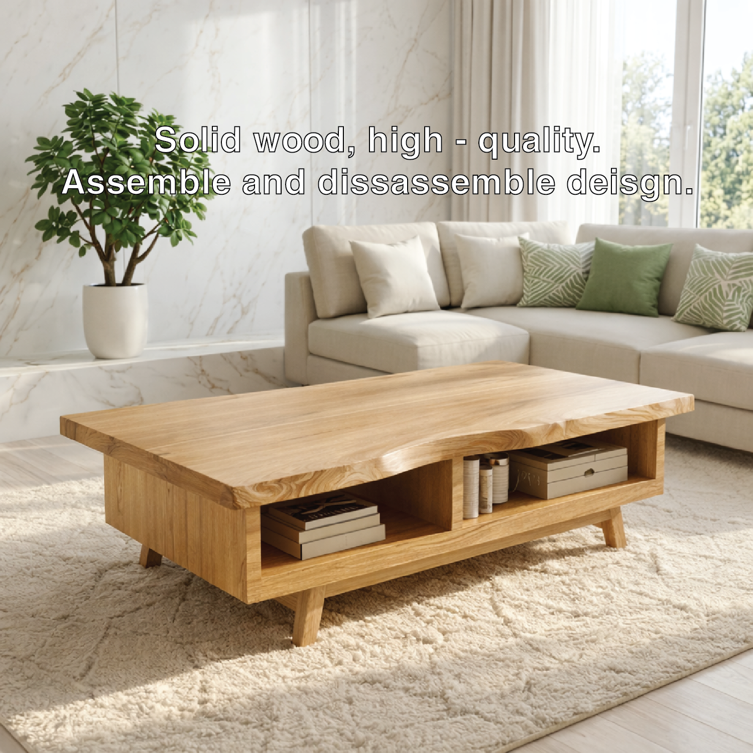 Handcrafted Walnut Coffee Table with Storage, Natural Wood Living Room Furniture
