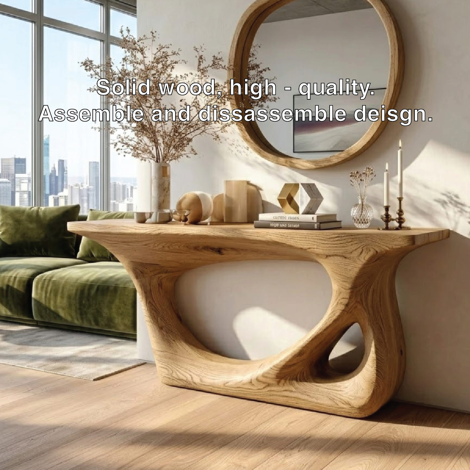 Modern Wooden Console Table with Round Mirror and Elegant Decor
