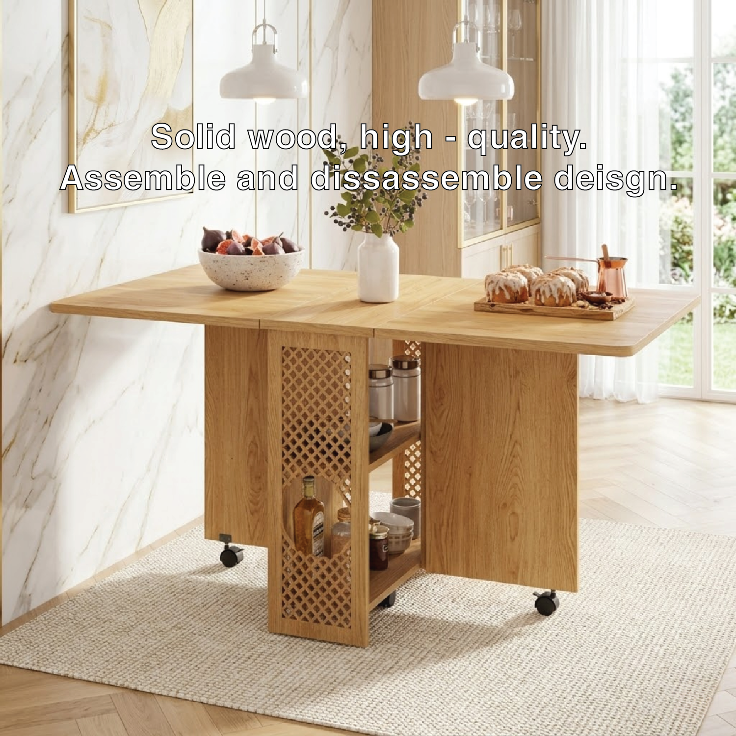 Rolling Kitchen Island with Drop Leaf Table, Storage Shelves, Folding Dining Cart for Small Spaces