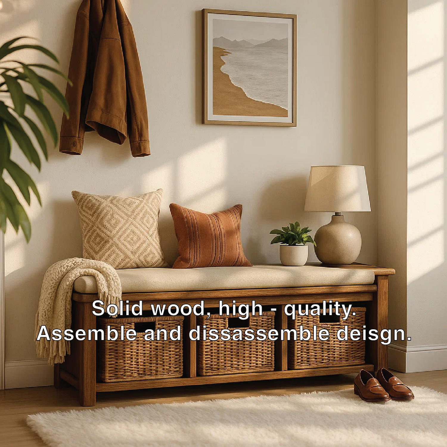 Solid Wood Entryway Bench with Woven Basket Storage, Rustic Hallway Organizer