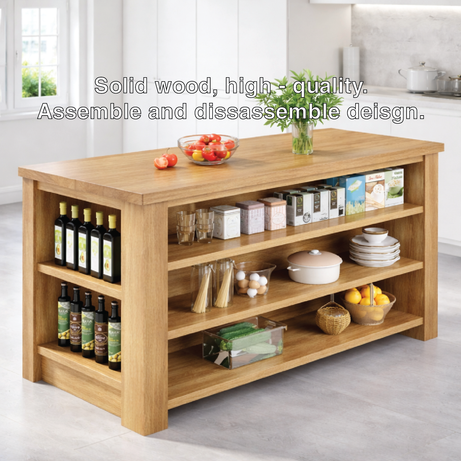Large Kitchen Island with Open Storage Shelves, Modern Prep Table for Kitchen Dining Space