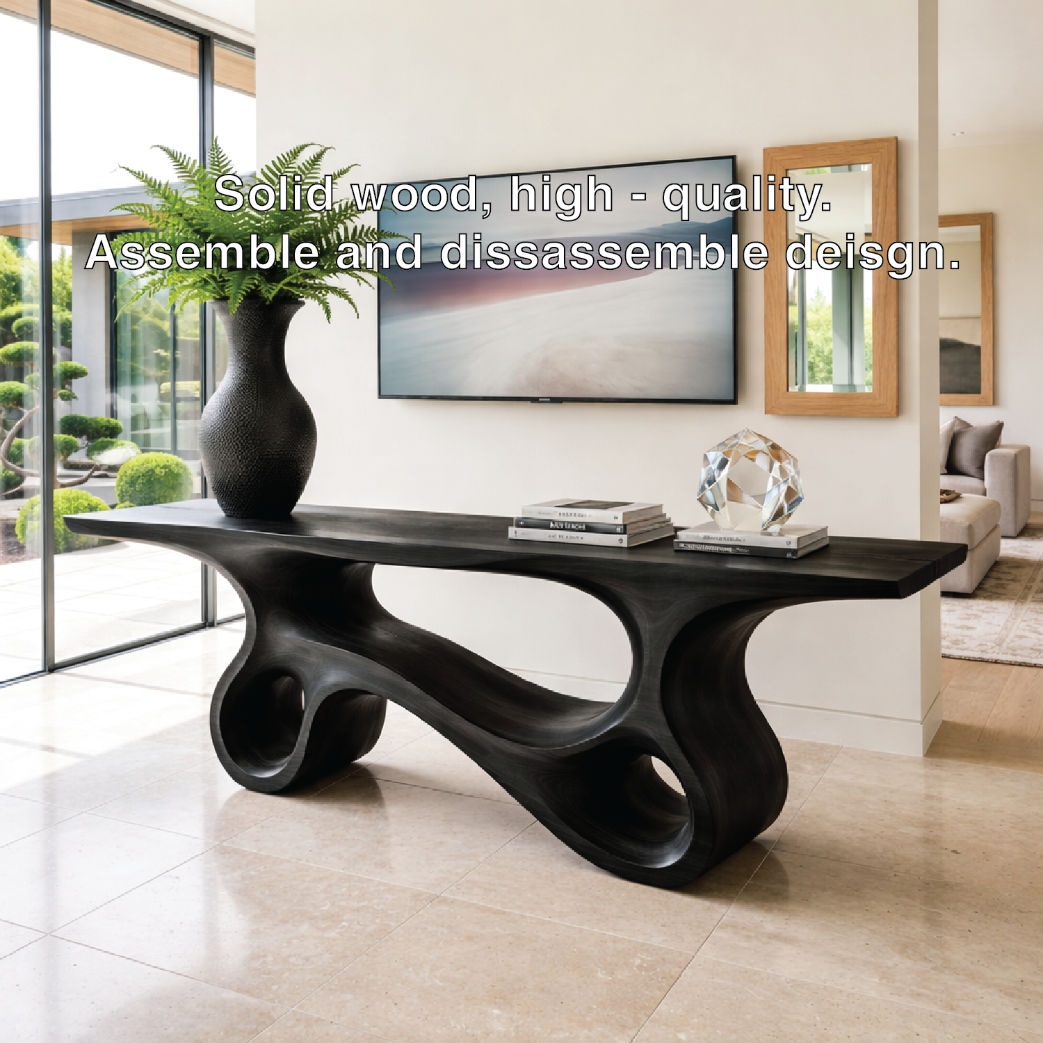 Solid Wood Console Table with Sculpted Curved Design, Modern Minimalist Furniture