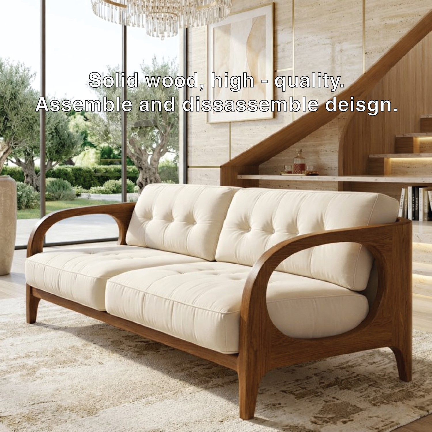 Curved Solid Wood Sofa with Cream Tufted Cushions Mid Century Modern Loveseat