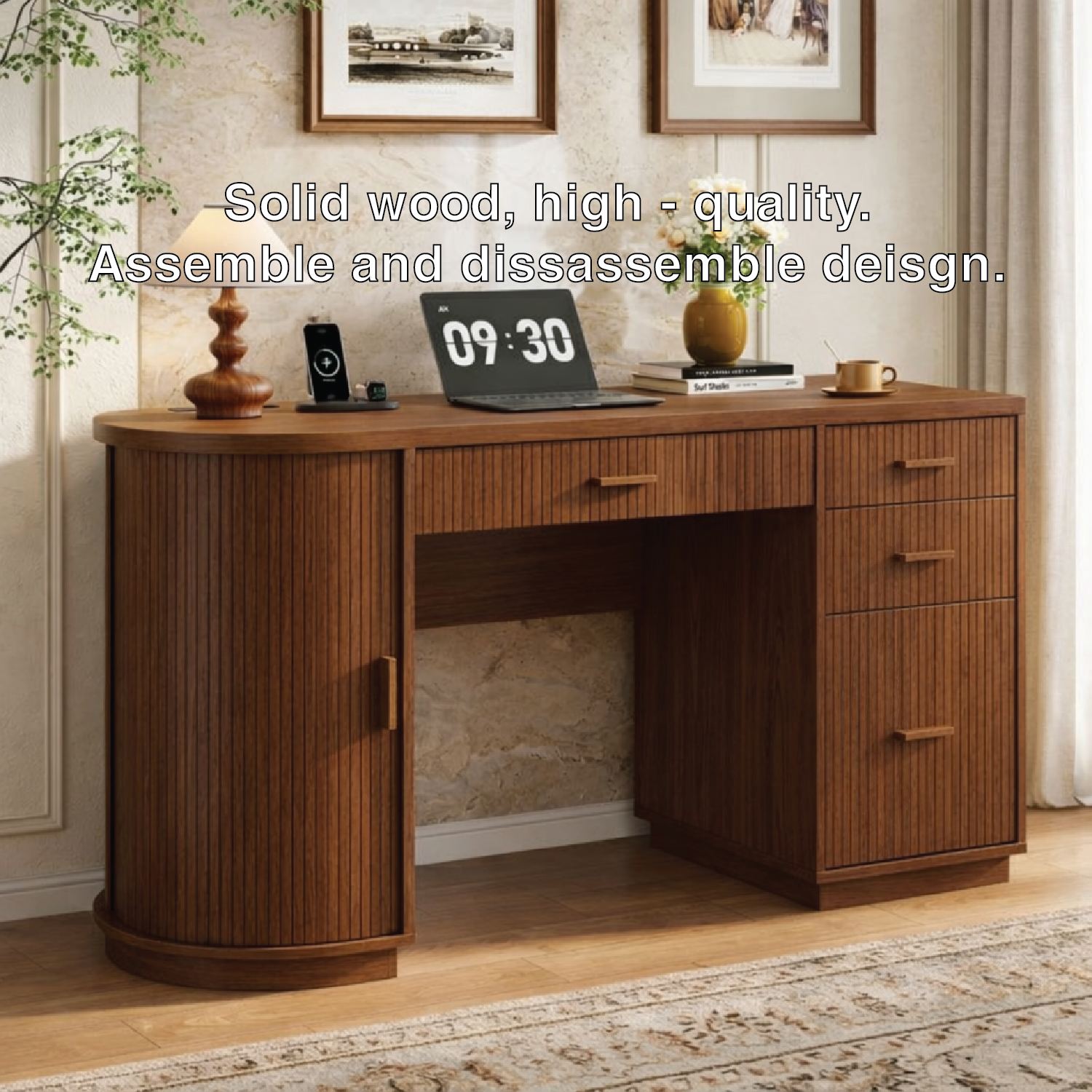 Modern Fluted Executive Desk with Drawers, Curved Cabinet Home Office Writing Table