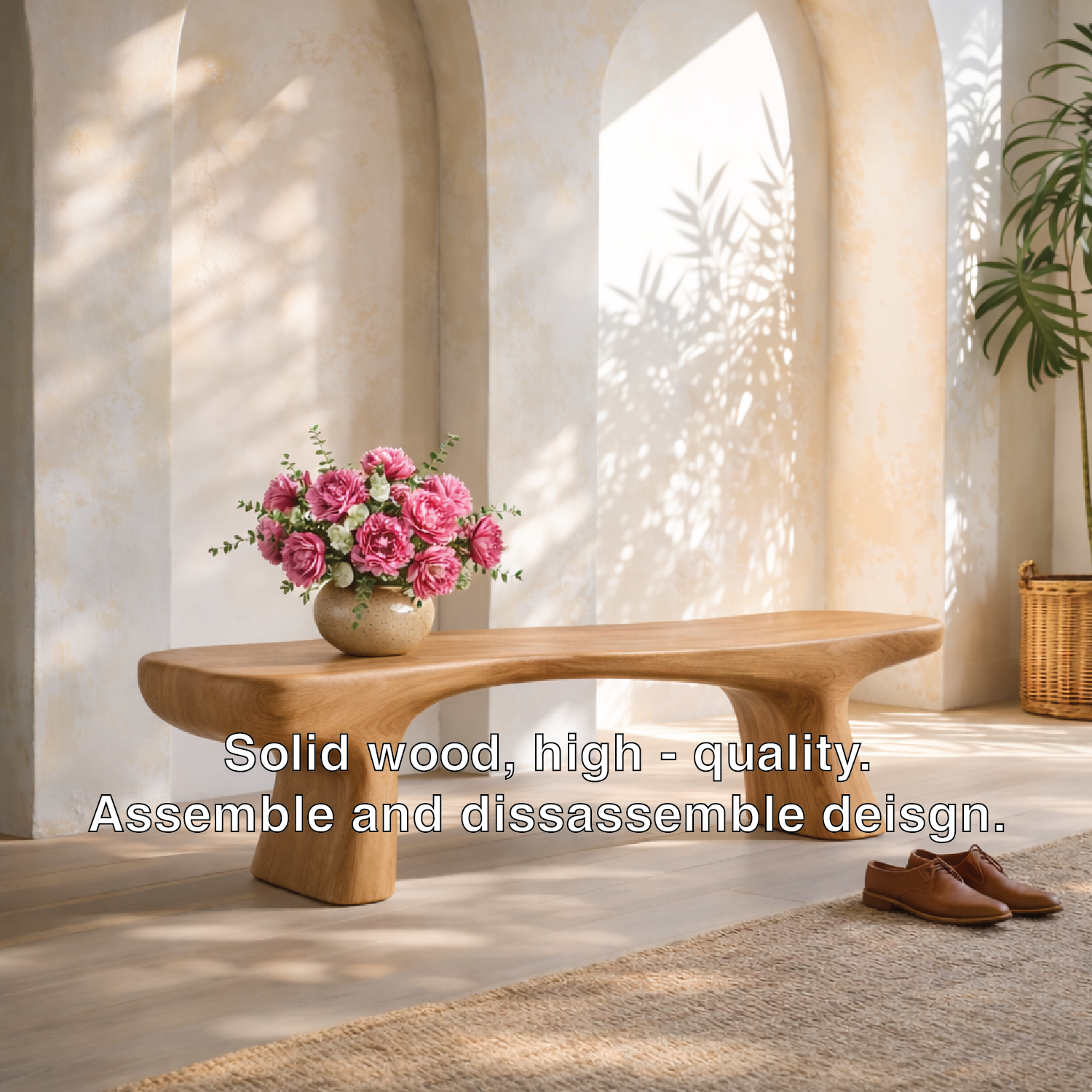 Modern Sculptural Black Wood Bench, Minimalist Statement Seating
