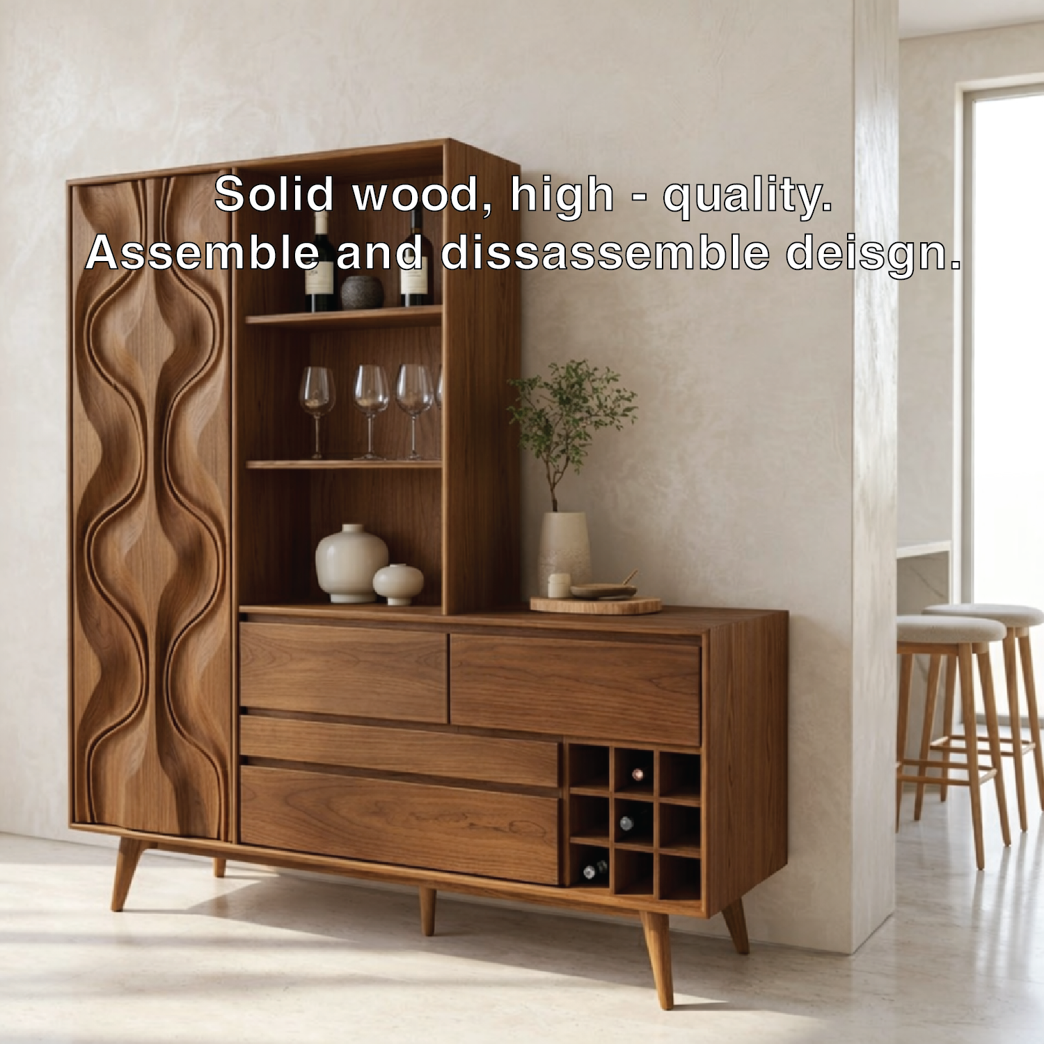 Modern Wine Cabinet Sideboard with Sculpted Door, Open Shelves and Bottle Storage