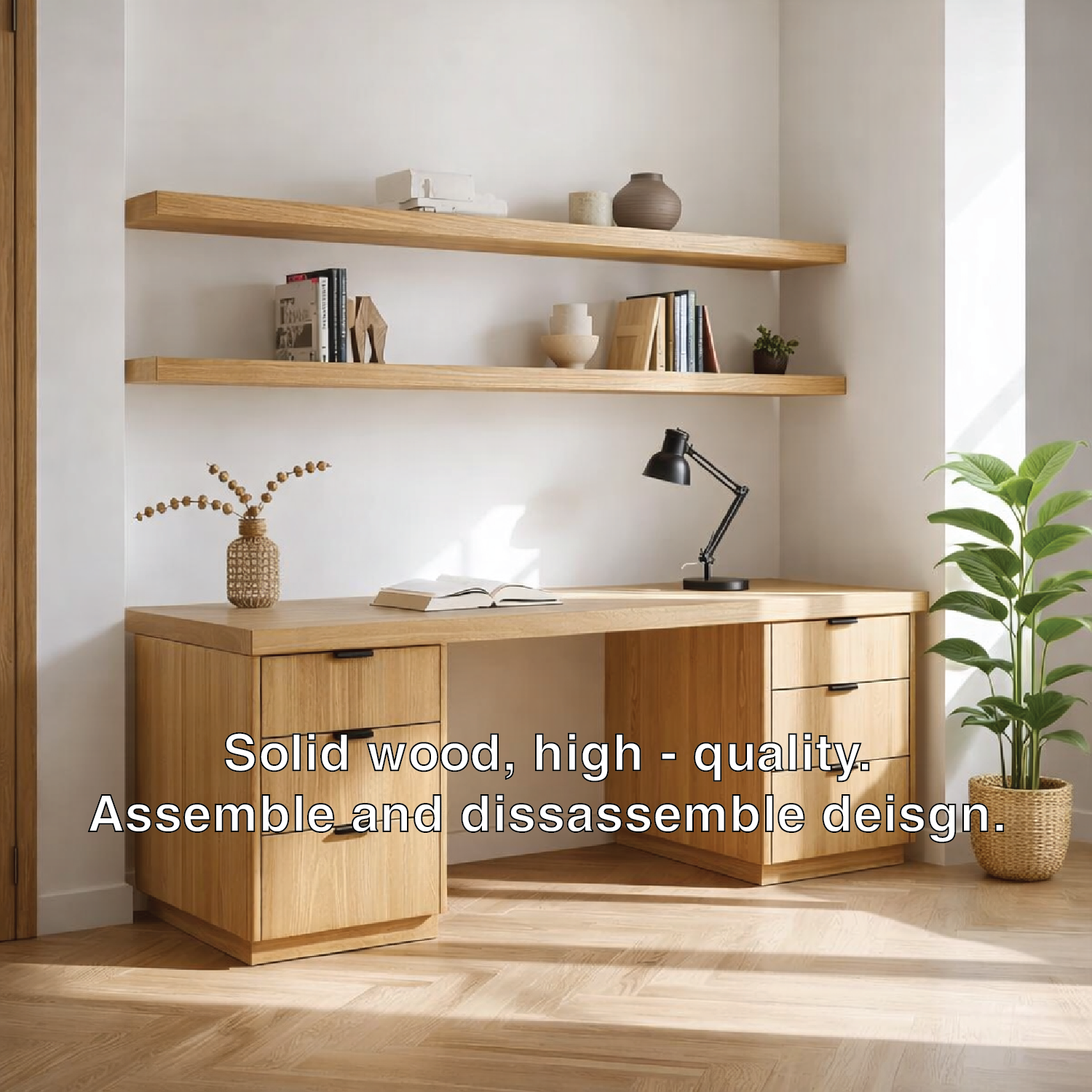 Solid Wood Executive Desk with Double Drawers Modern Home Office Workstation