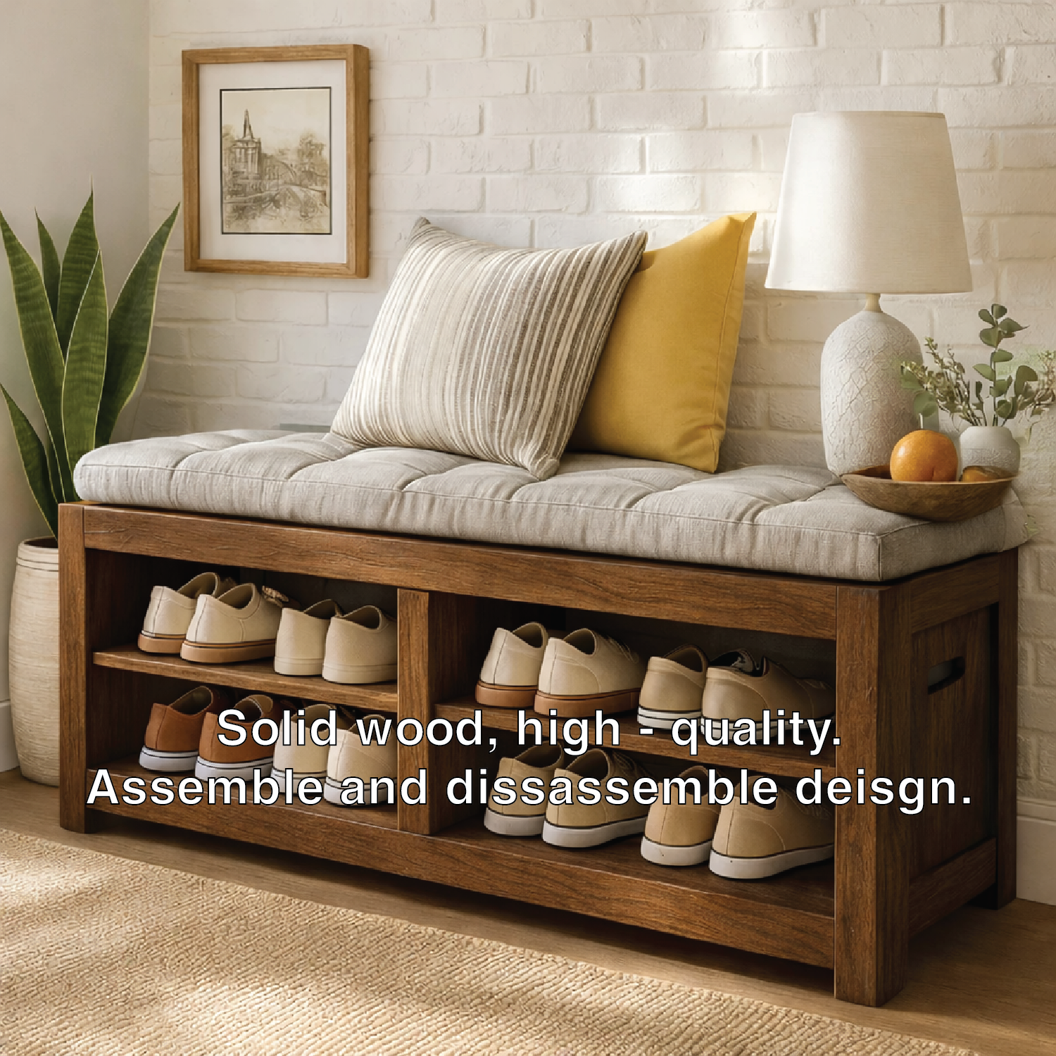 Solid Wood Entryway Bench with Shoe Storage Shelves, Rustic Hallway Organizer
