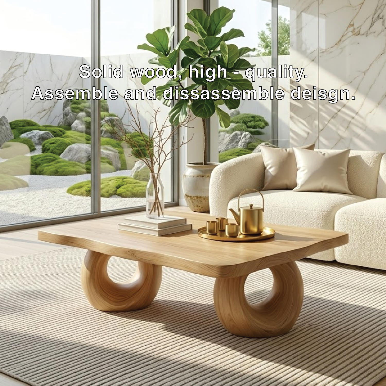 Solid Wood Sculptural Coffee Table with Round Carved Base, Modern Designer Living Room Table