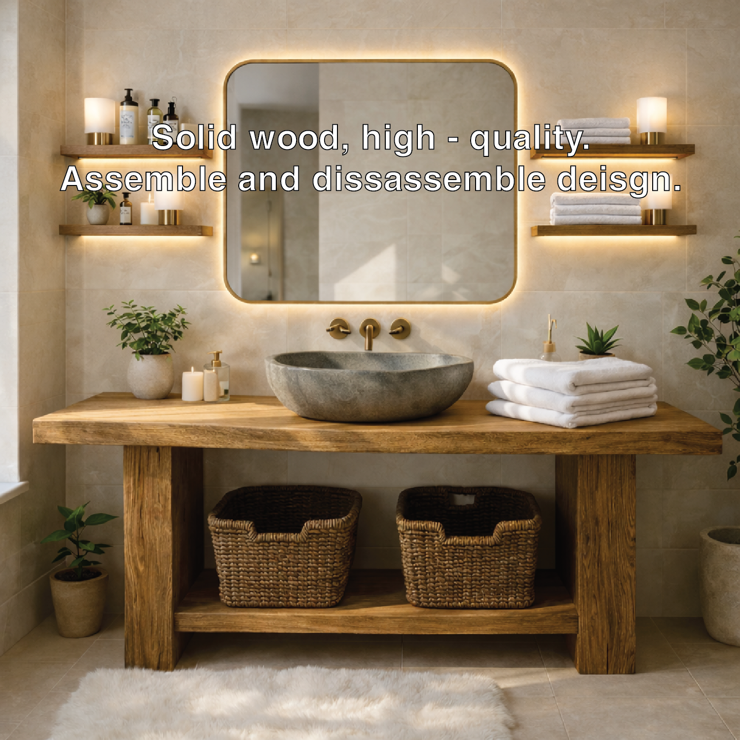 Rustic Solid Wood Bathroom Vanity Table With Open Shelf Farmhouse Bathroom Cabinet