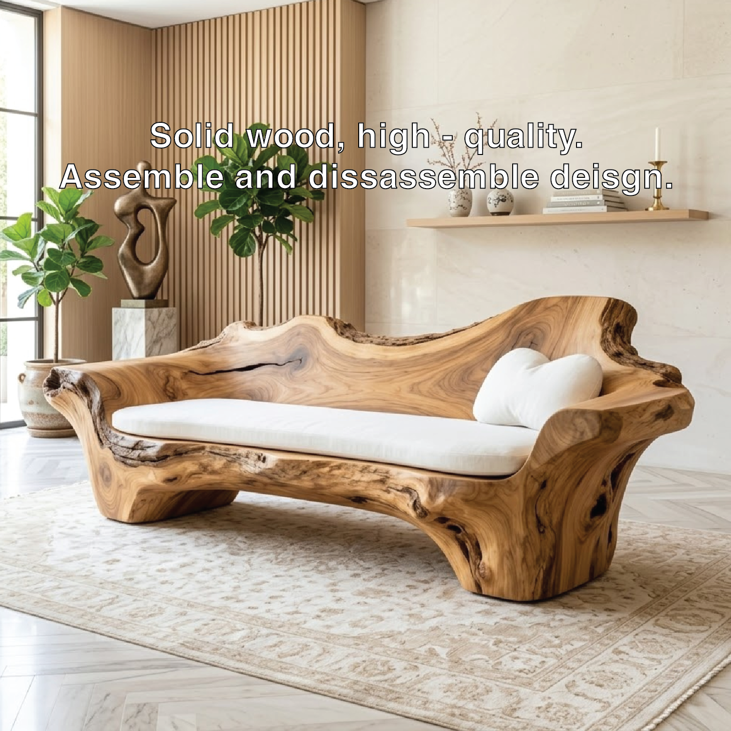 Modern Organic Sculptural Wooden Sofa, Handmade Statement Couch with Cream Cushion