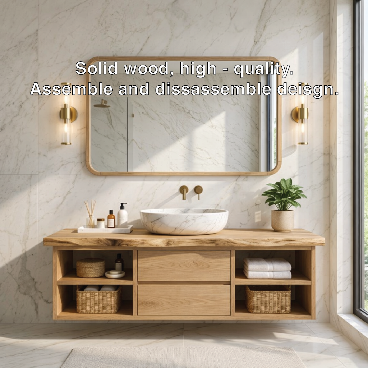 Floating Bathroom Vanity with Natural Wood and Modern Design, Spacious Storage