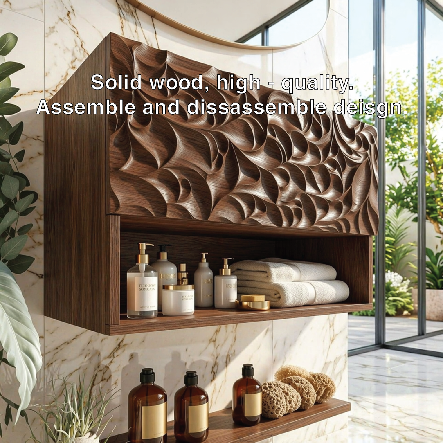 Solid Wood Floating Bathroom Cabinet, Modern Wall Mounted Carved Vanity Storage Shelf