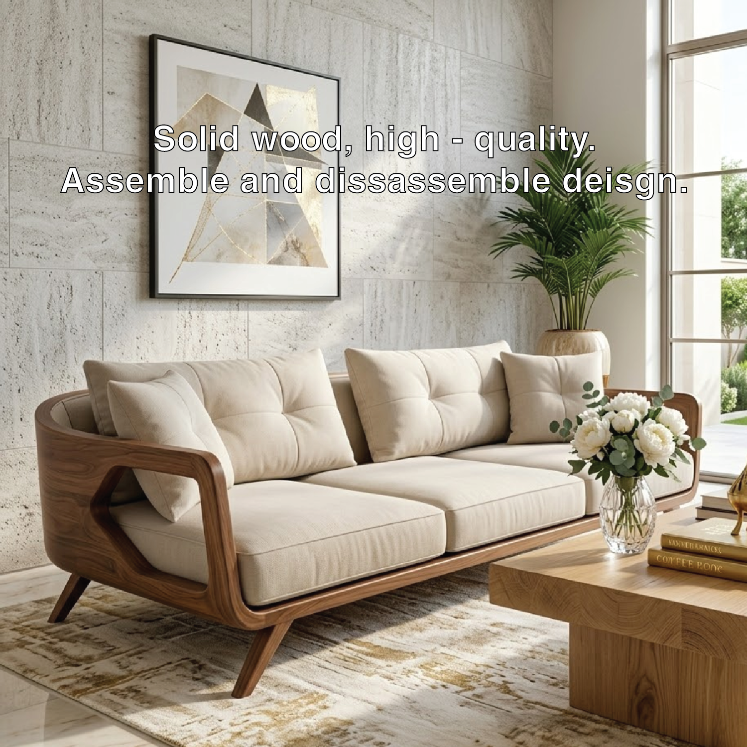 Modern Curved Solid Wood Sofa with Beige Tufted Cushions Luxury Scandi Couch