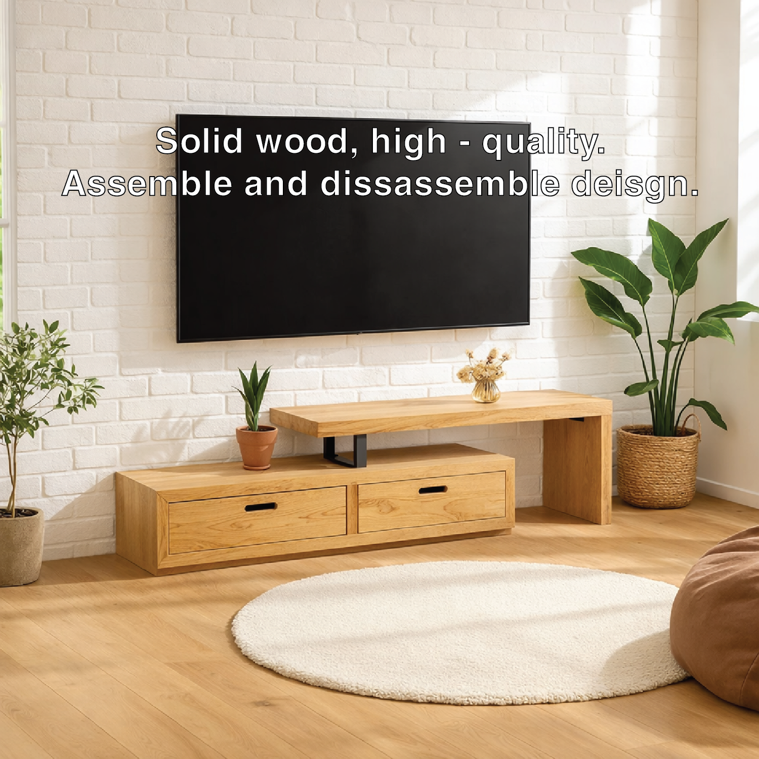 Modern Solid Wood TV Stand Minimalist Media Console Low Entertainment Center Cabinet