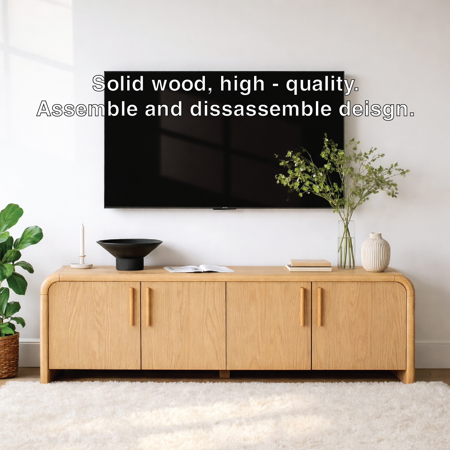 Minimalist Wood TV Stand With Doors Modern Media Console Long Entertainment Center