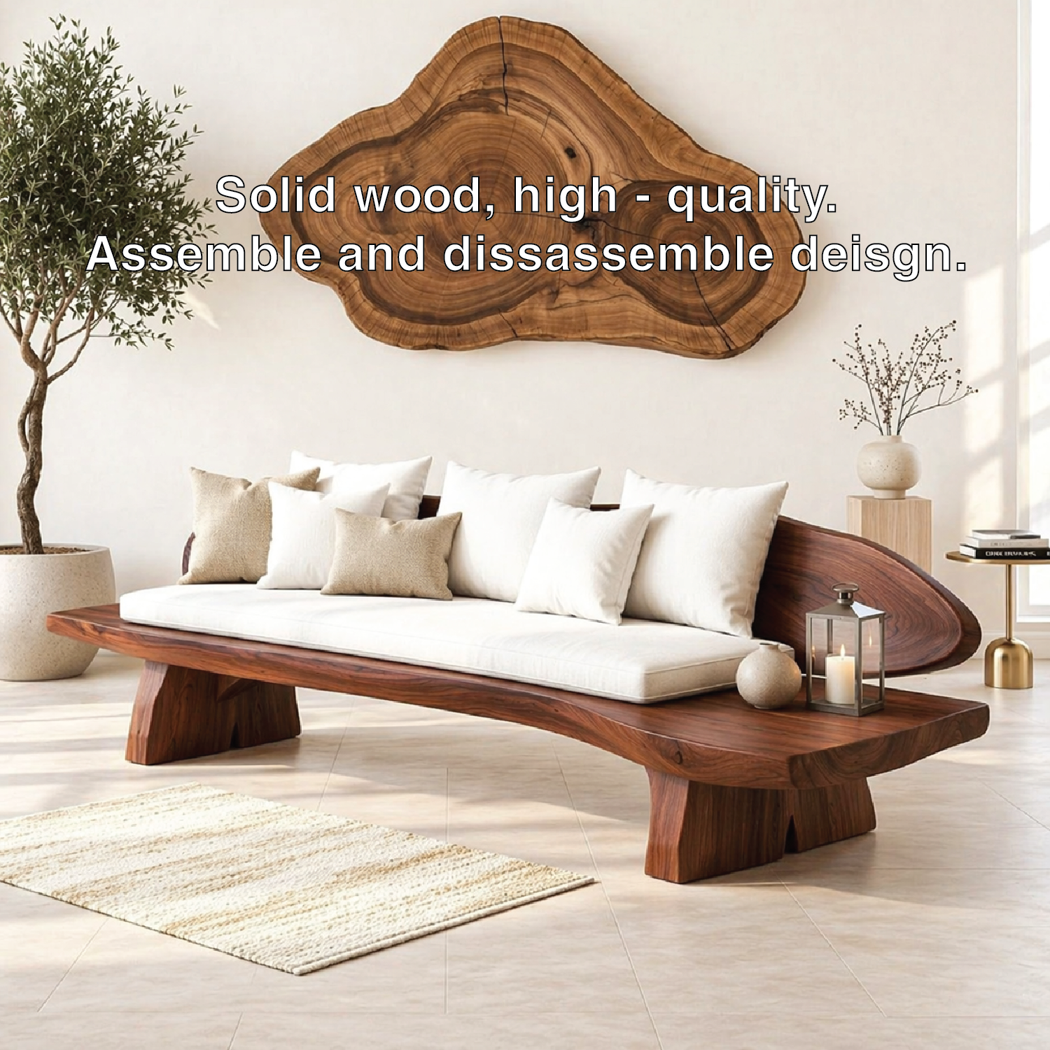 Organic Modern Wooden Sofa, Curved Minimalist Lounge Bench with Oversized Cushions