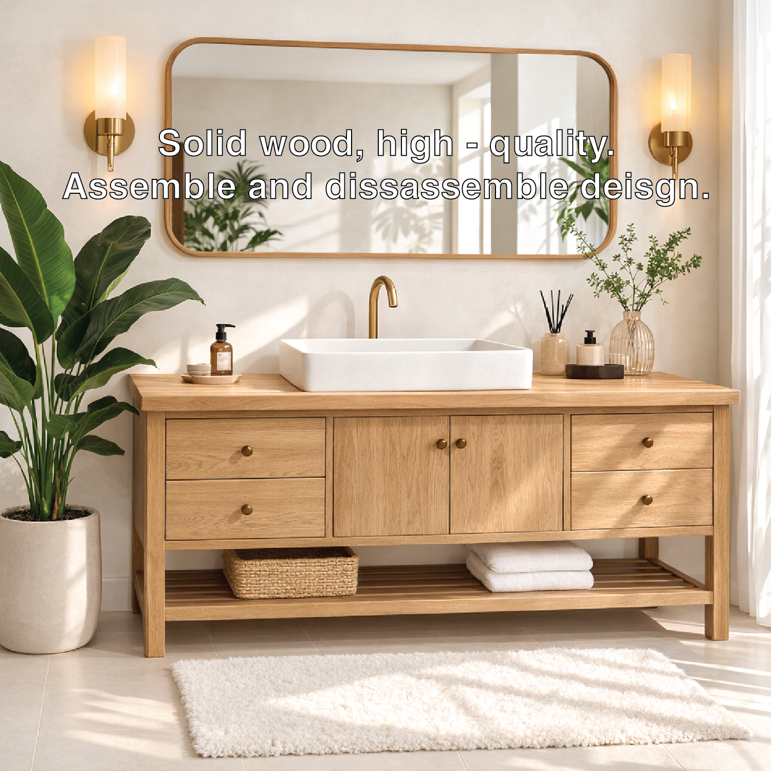 Rustic Bathroom Vanity with Open Shelves and Elegant Brass Faucet