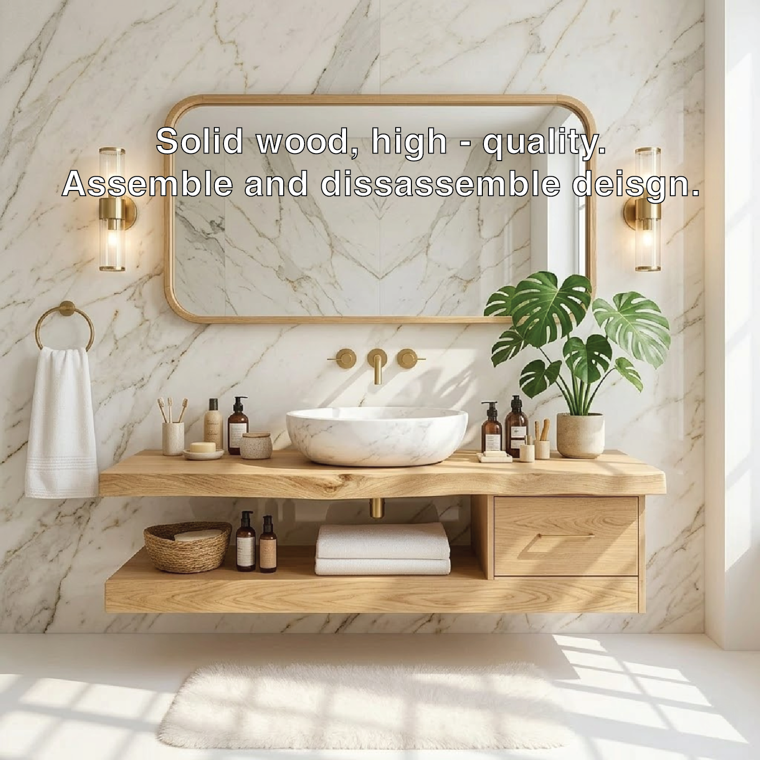 Floating Vanity with Natural Wood and Marble Sink, Modern Bathroom Design