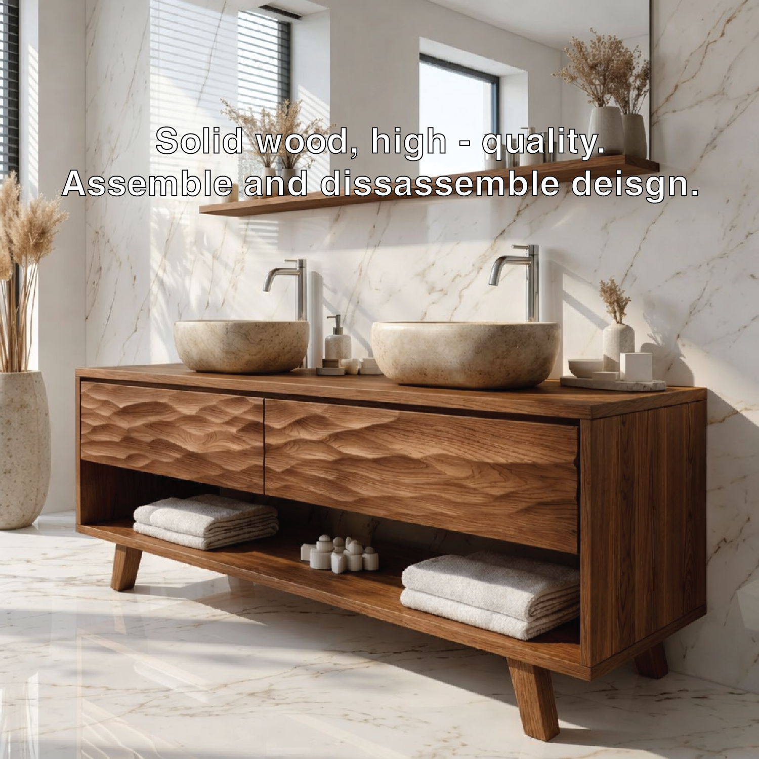Modern Solid Wood Double Bathroom Vanity with Textured Front and Open Shelf Storage