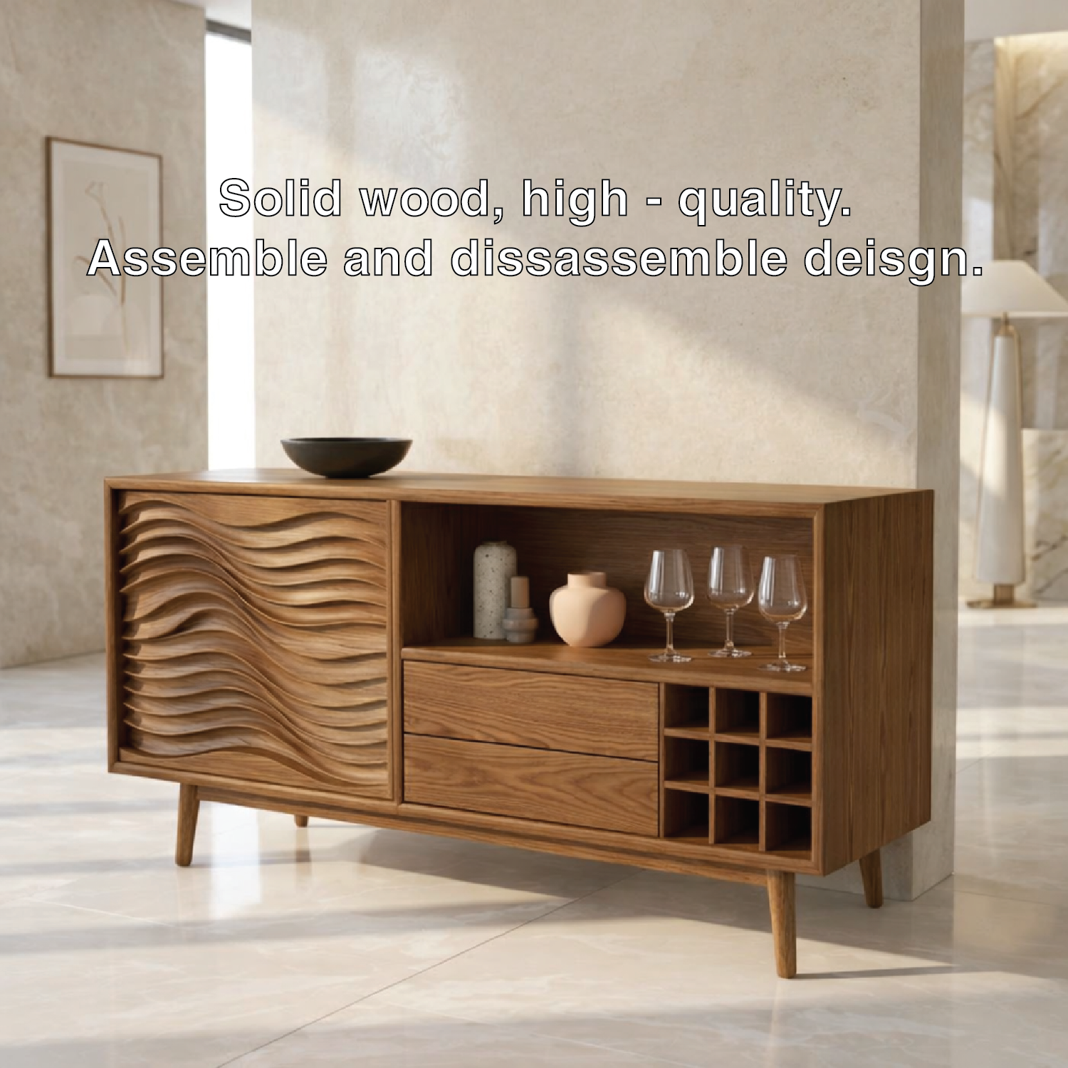 Modern Bar Cabinet Sideboard with Wave Door, Wine Cubby and Open Shelf