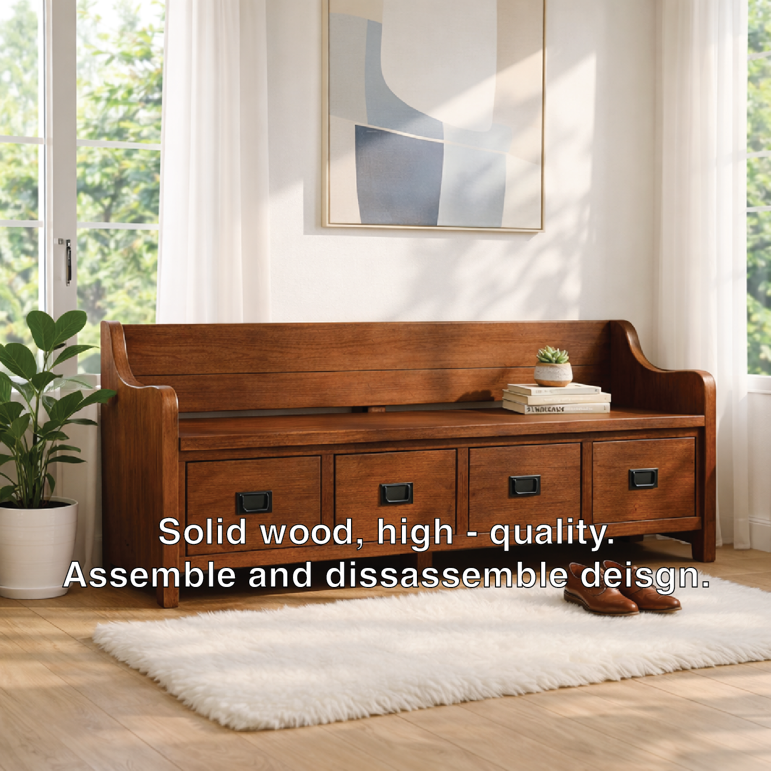 Solid Wood Storage Bench with Drawers, Entryway Hallway Seating Cabinet