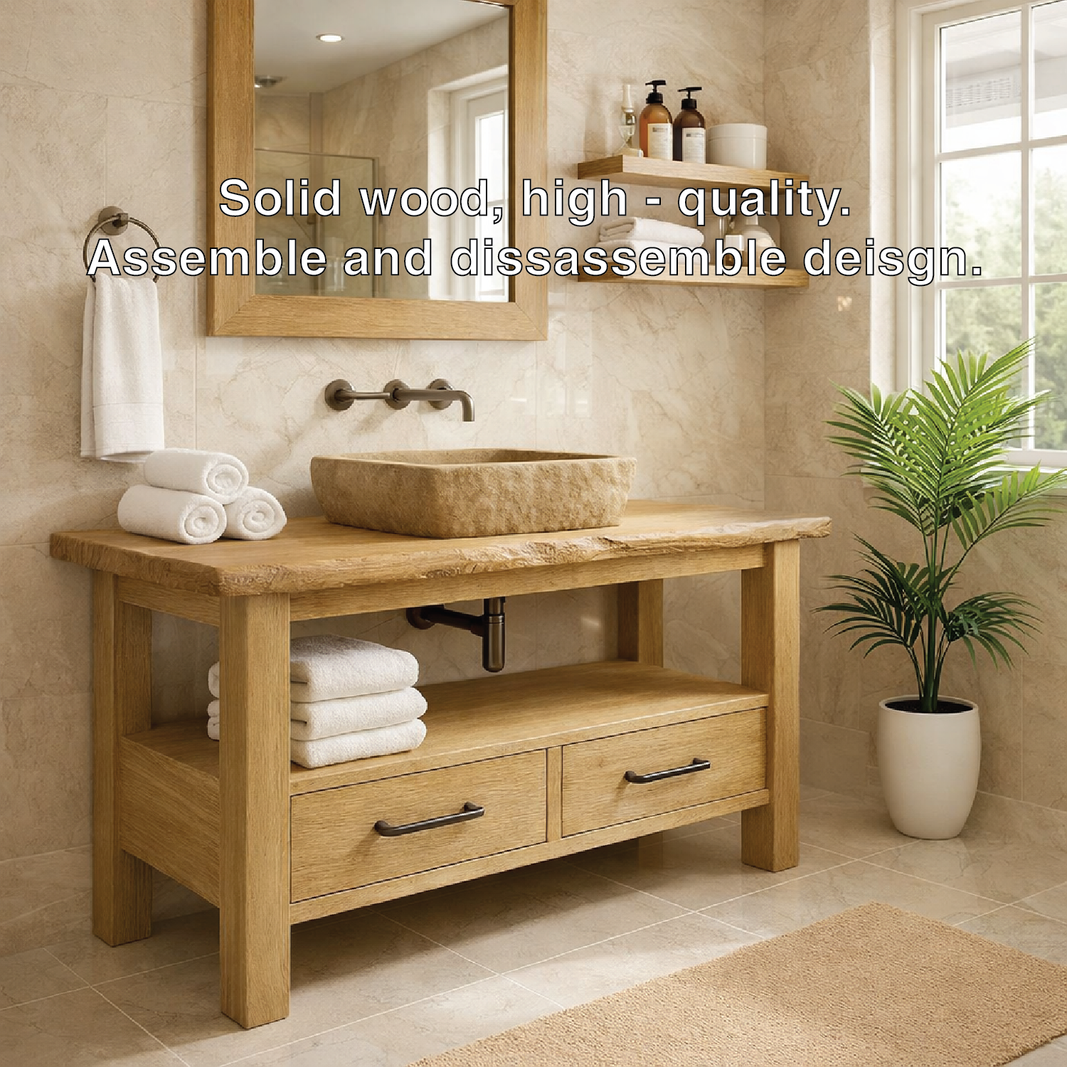 Rustic Solid Wood Bathroom Vanity Cabinet With Drawers And Storage Shelf