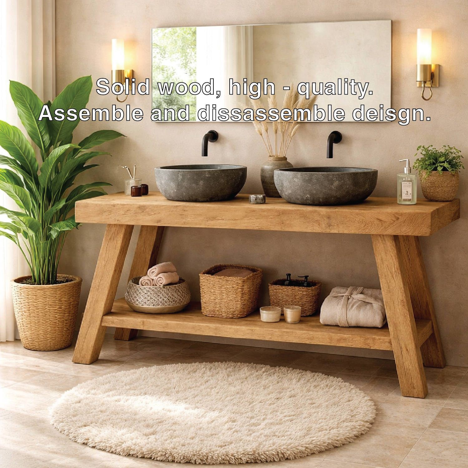 Rustic Double Sink Bathroom Vanity with Shelves Wooden Vanity Base