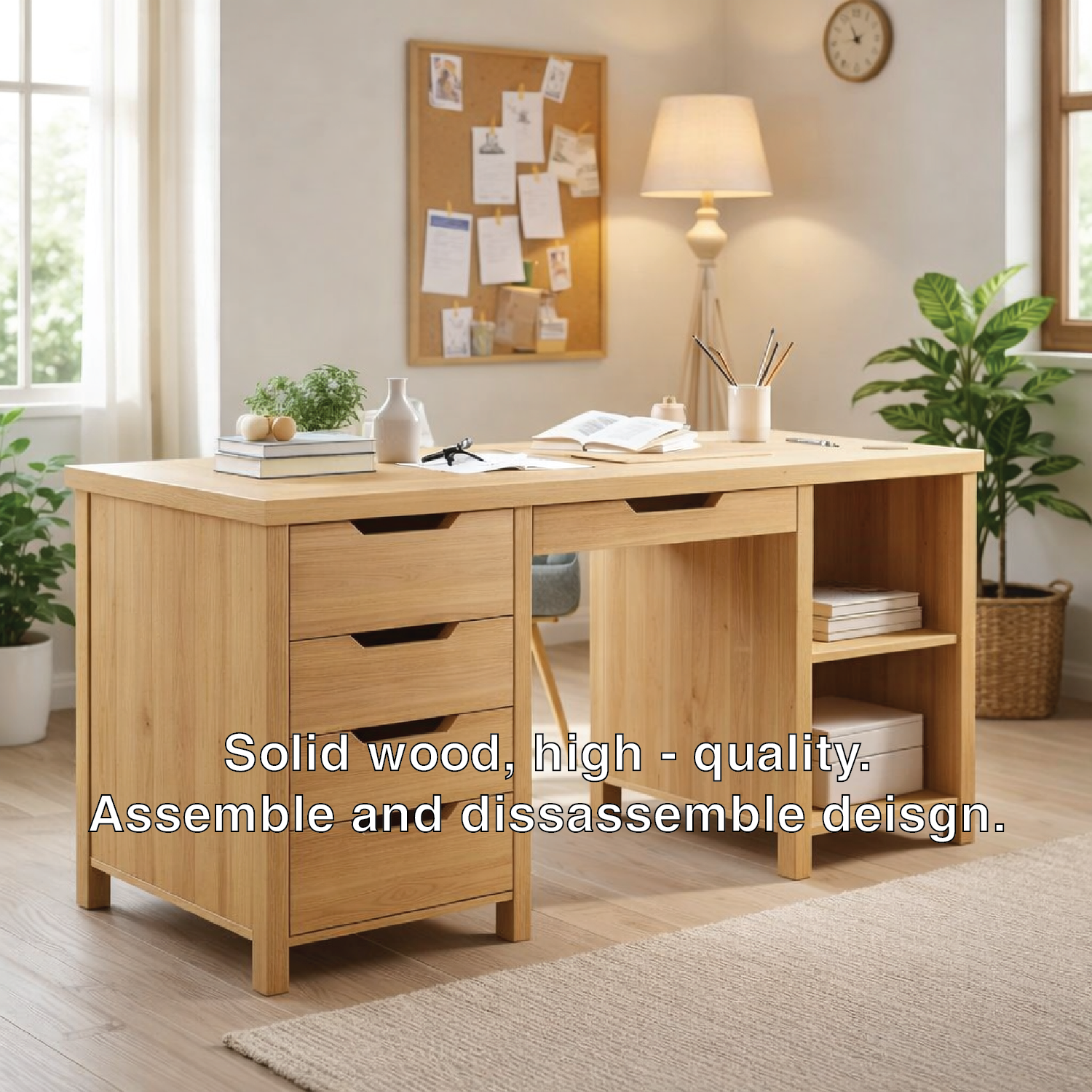 Solid Wood Handmade Work Desk with Drawers and Bookshelf Storage