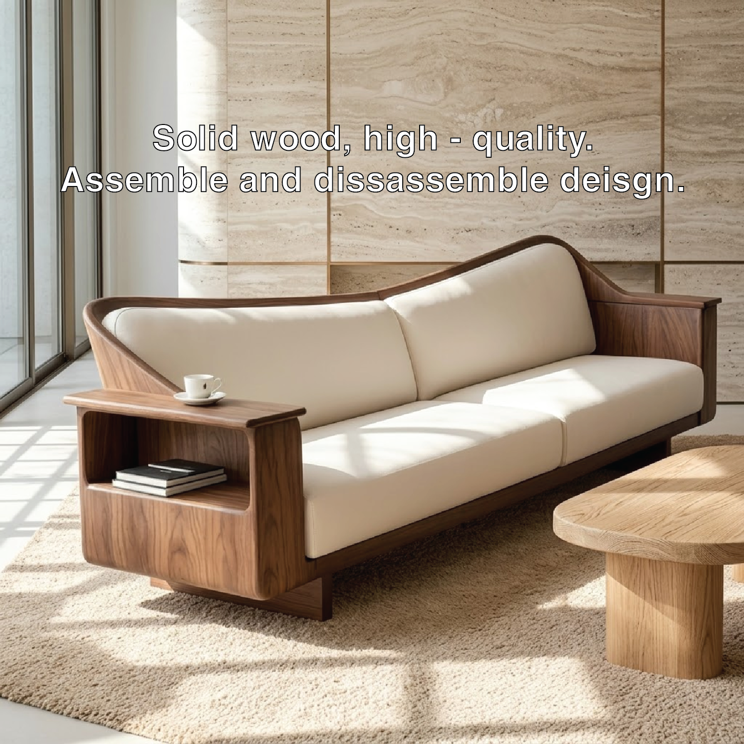 Modern Curved Solid Wood Sofa with Built-in Side Shelf White Leather Couch