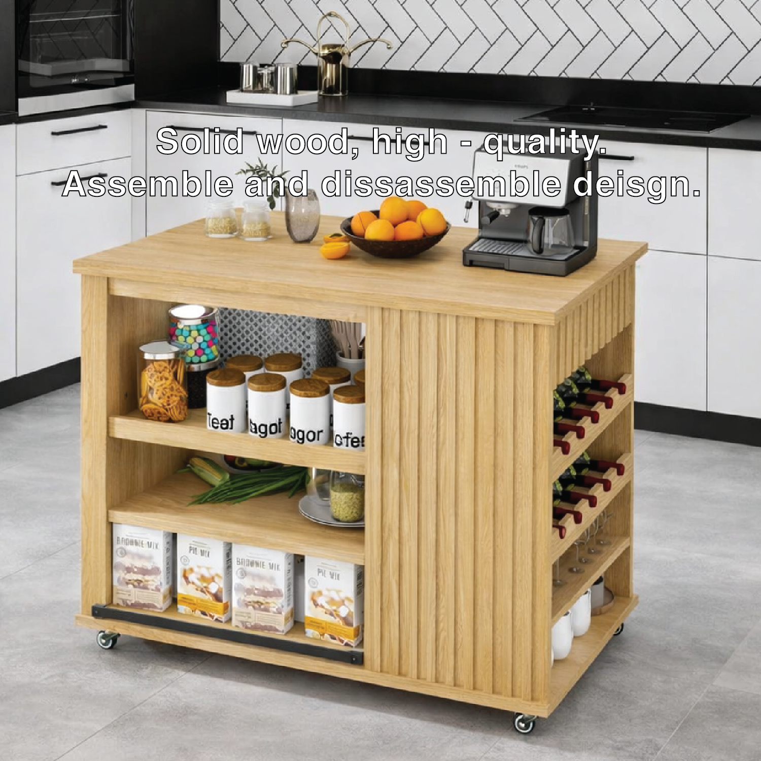 Rolling Kitchen Island with Storage Shelves, Modern Kitchen Cart, Portable Prep Table with Wine Rack