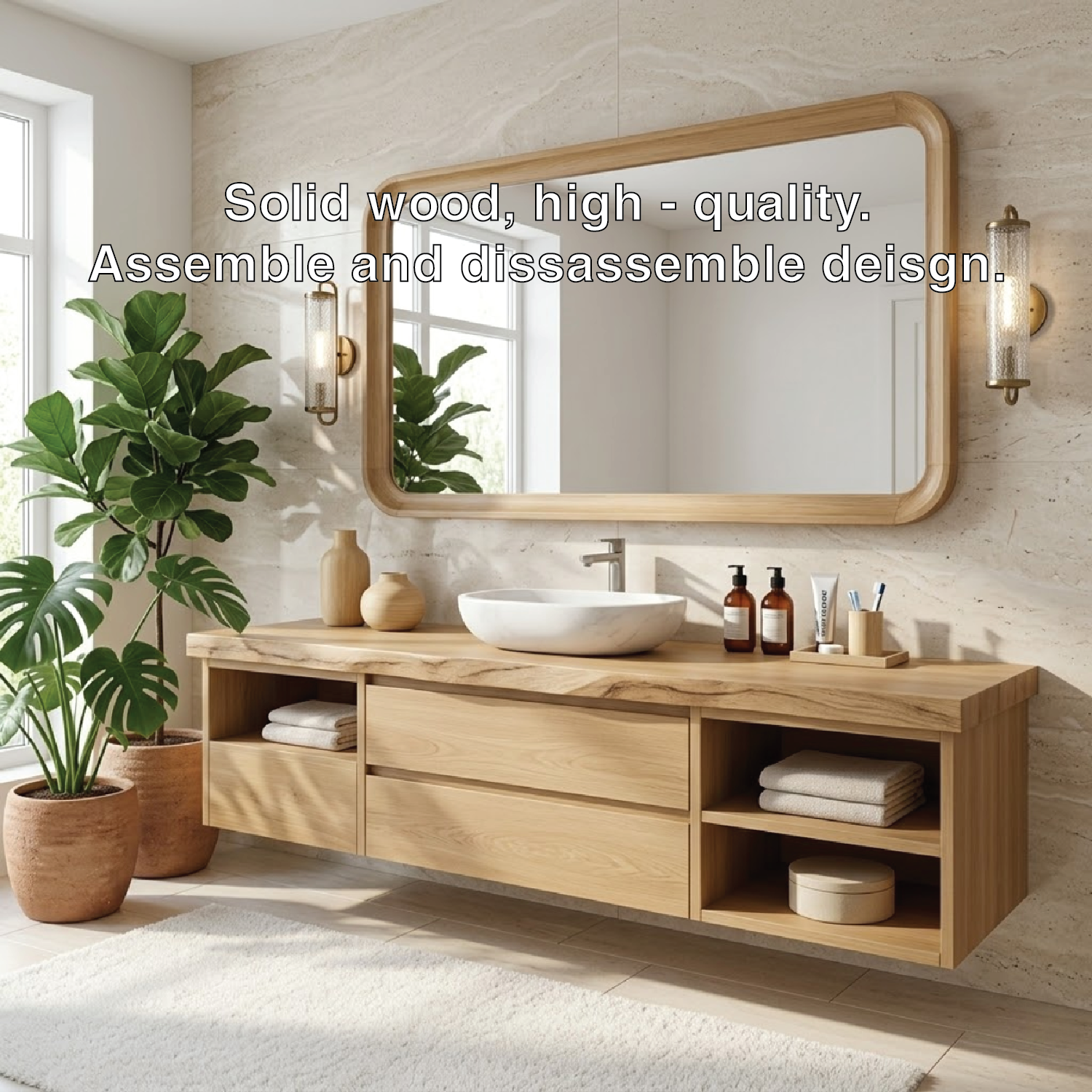 Elegant Floating Vanity with Natural Wood Finish, Wall-Mounted Modern Bathroom Storage