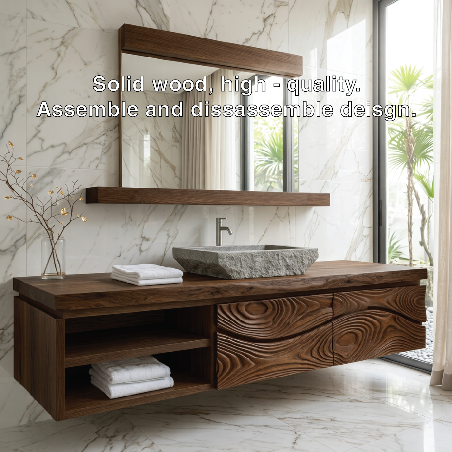 Modern Solid Wood Bathroom Vanity with Floating Storage and Sculpted Drawer Front