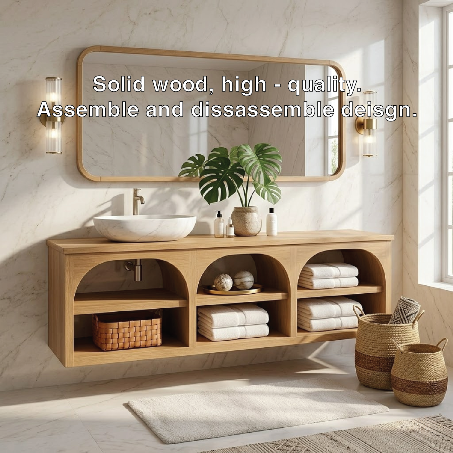 Floating Vanity with Natural Wood and Marble Sink, Open Shelf Storage