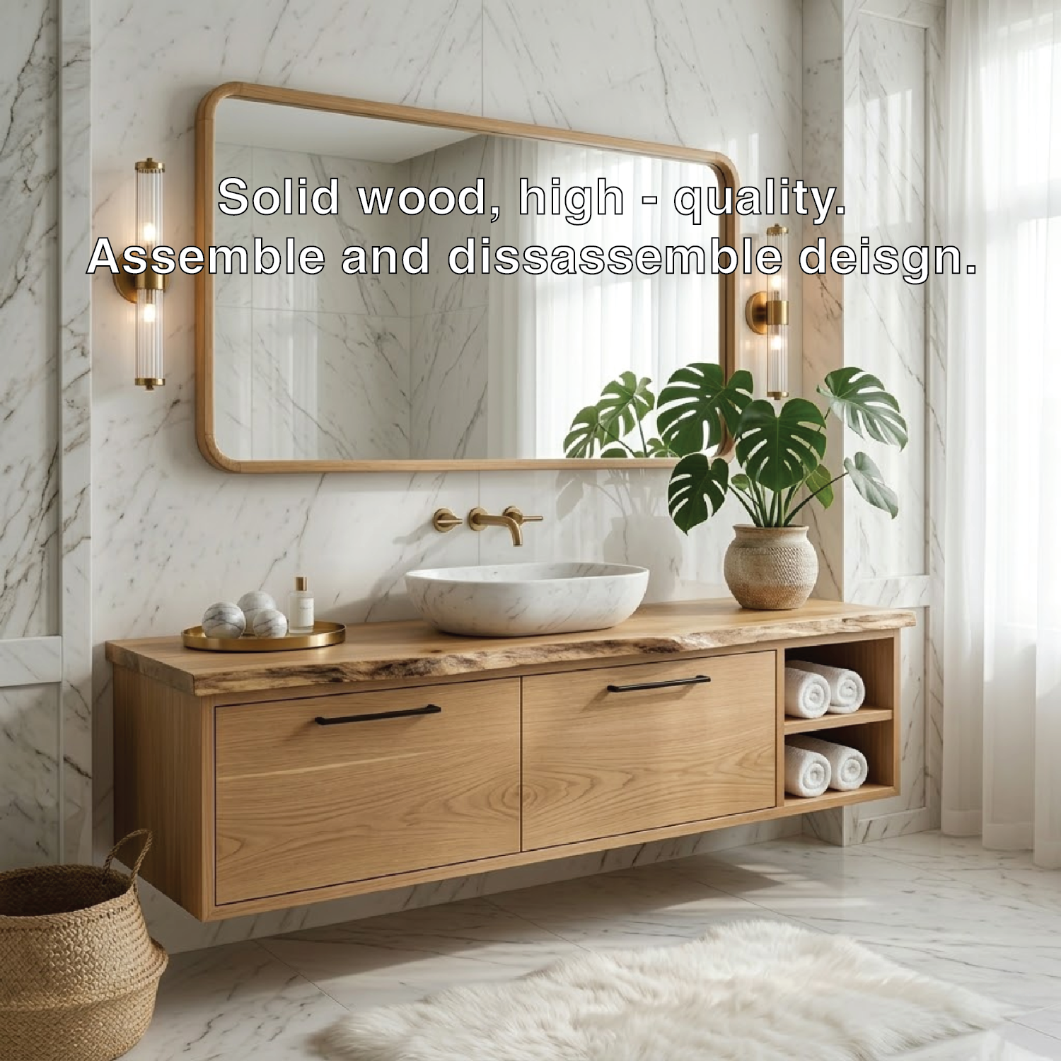 Floating Vanity with Natural Walnut Wood, Modern Sink, and Open Shelf Storage