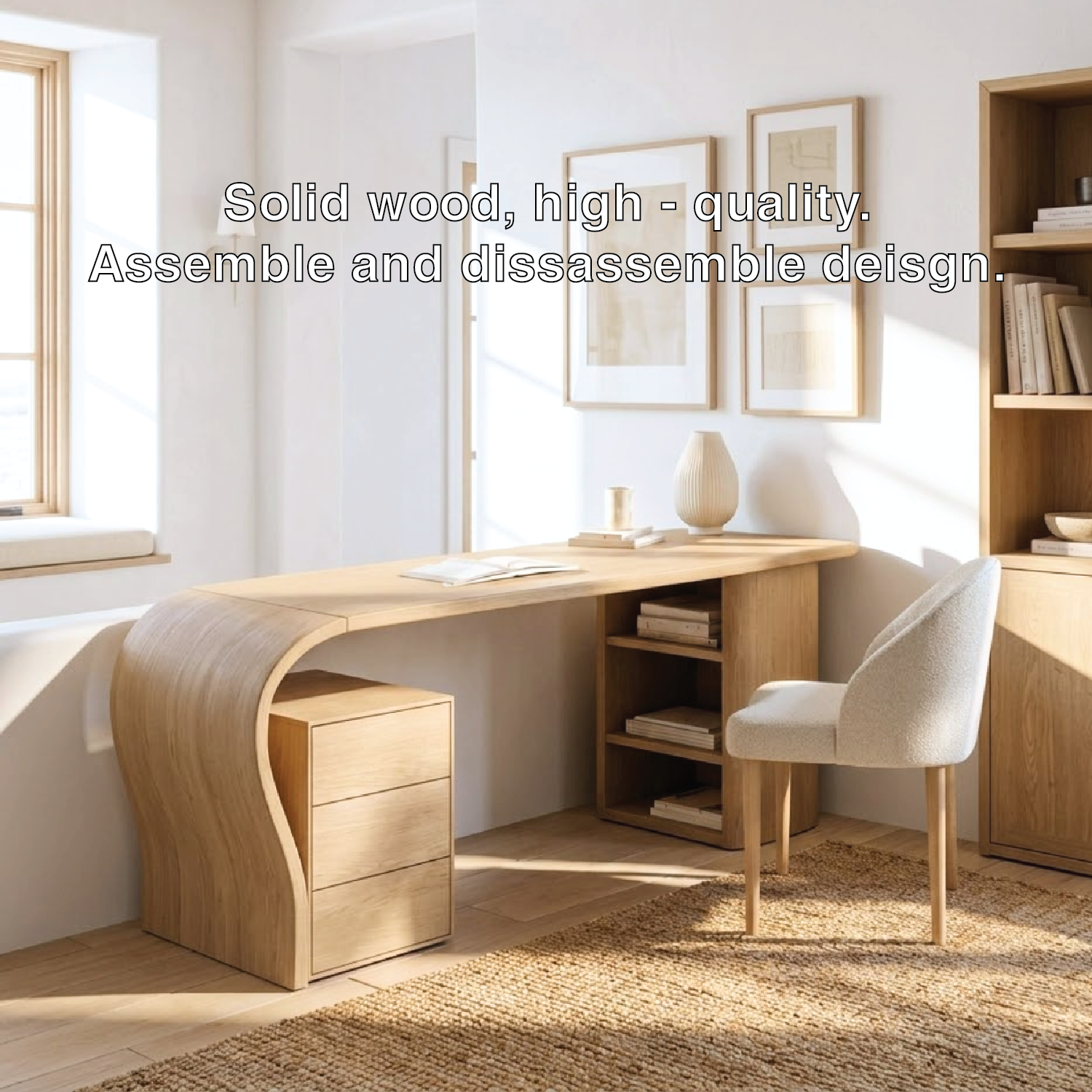 Modern Curved Writing Desk with Drawers and Shelf Home Office Work Table Design