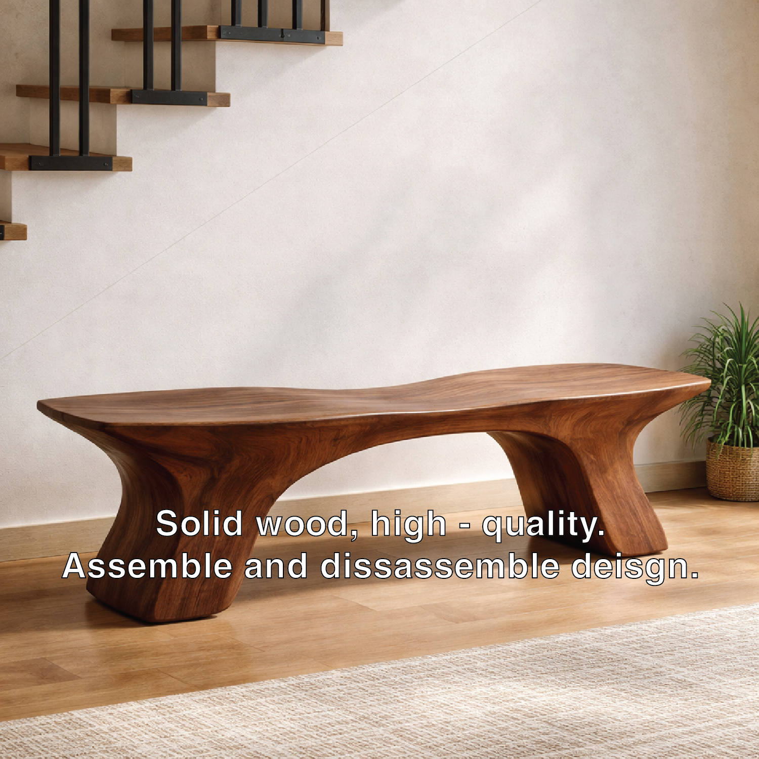 Sculptural Solid Wood Bench, Organic Modern Statement Seating