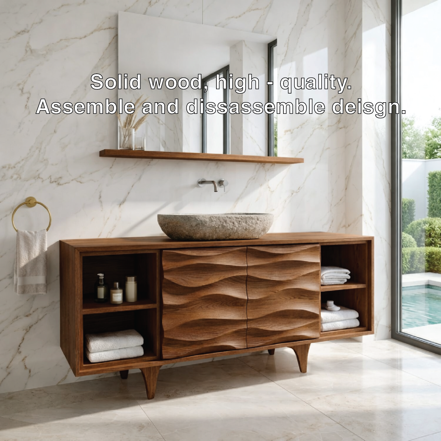 Modern Solid Wood Bathroom Vanity with Textured Doors and Open Shelf Storage