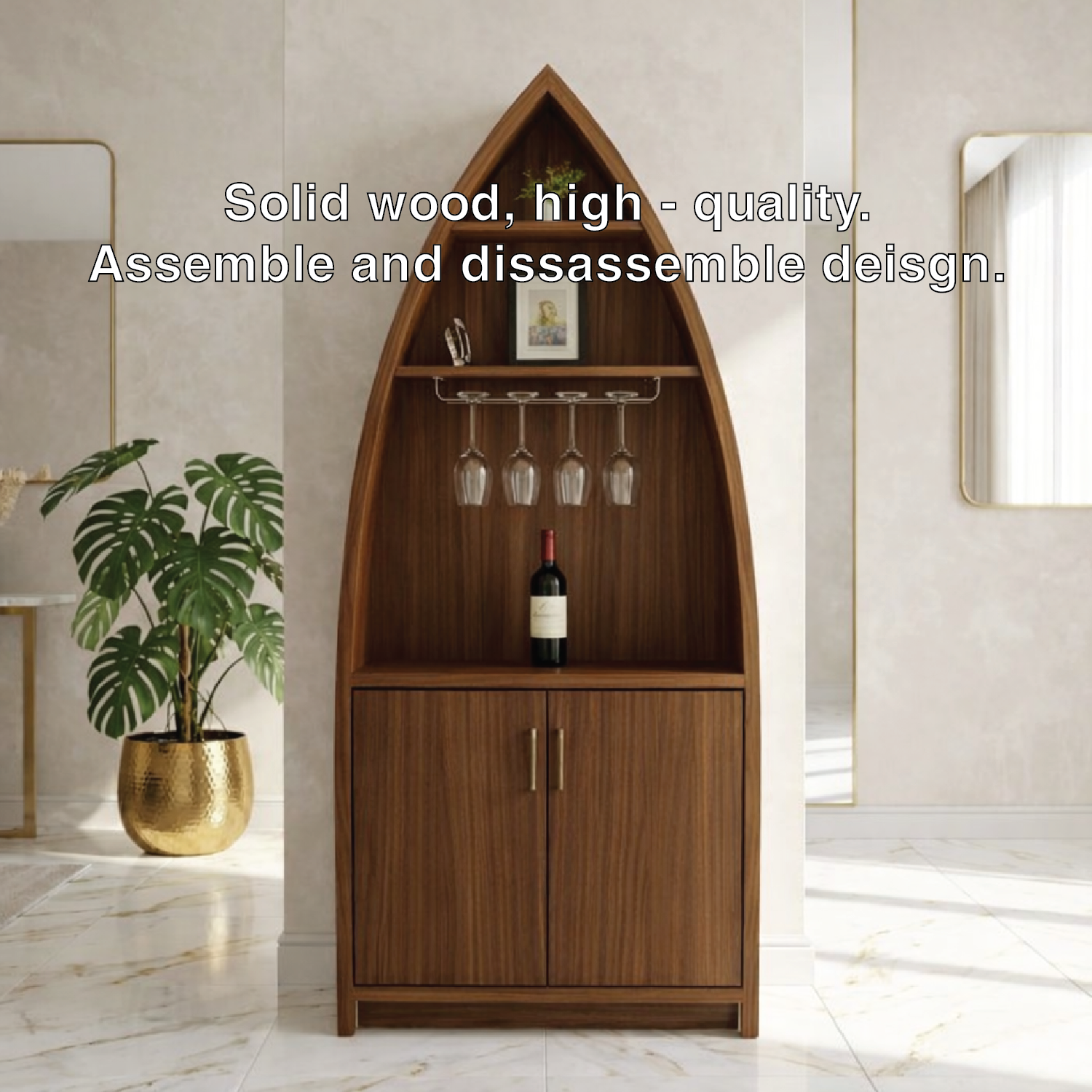 Modern Boat Shaped Bar Cabinet with Glass Rack and Concealed Storage
