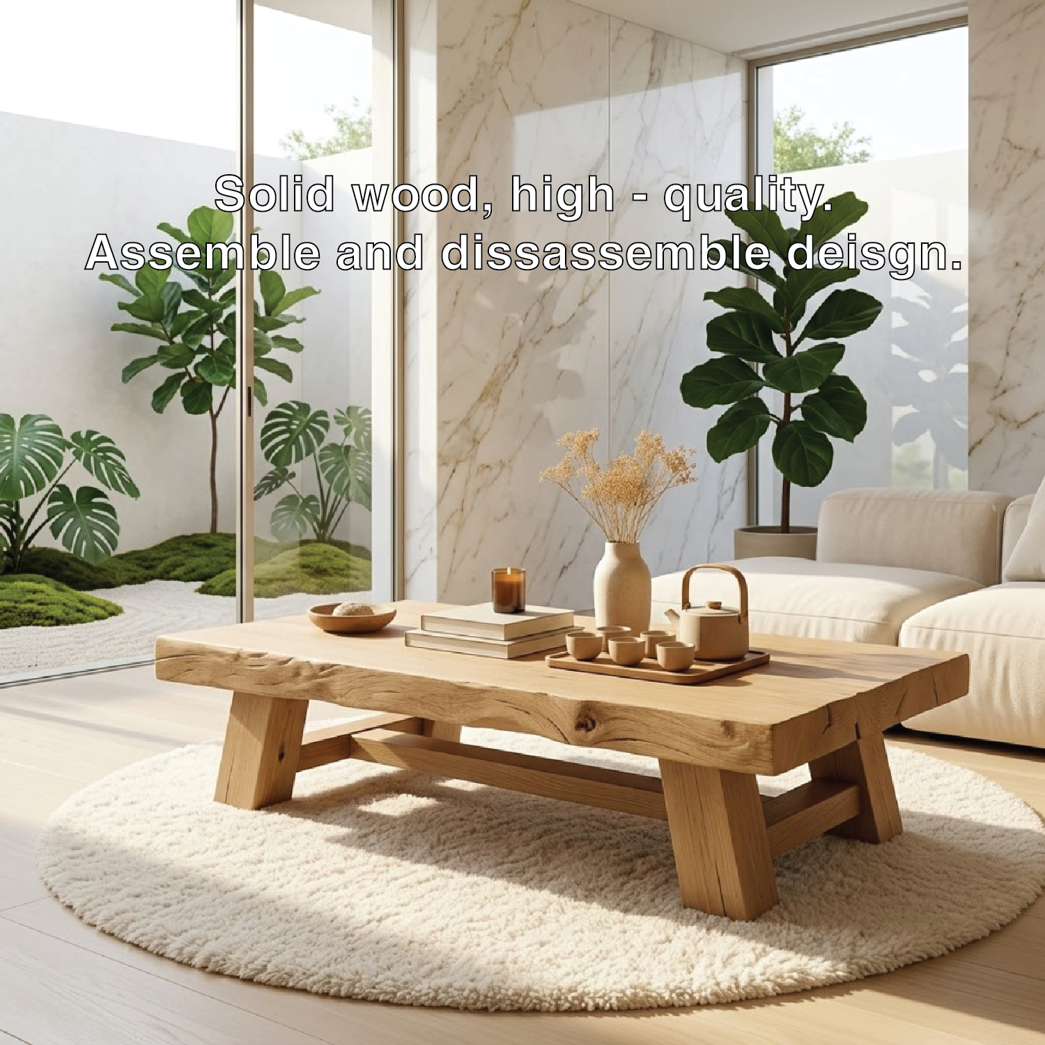 Handcrafted Solid Wood Coffee Table, Rustic Style with Geometric Legs