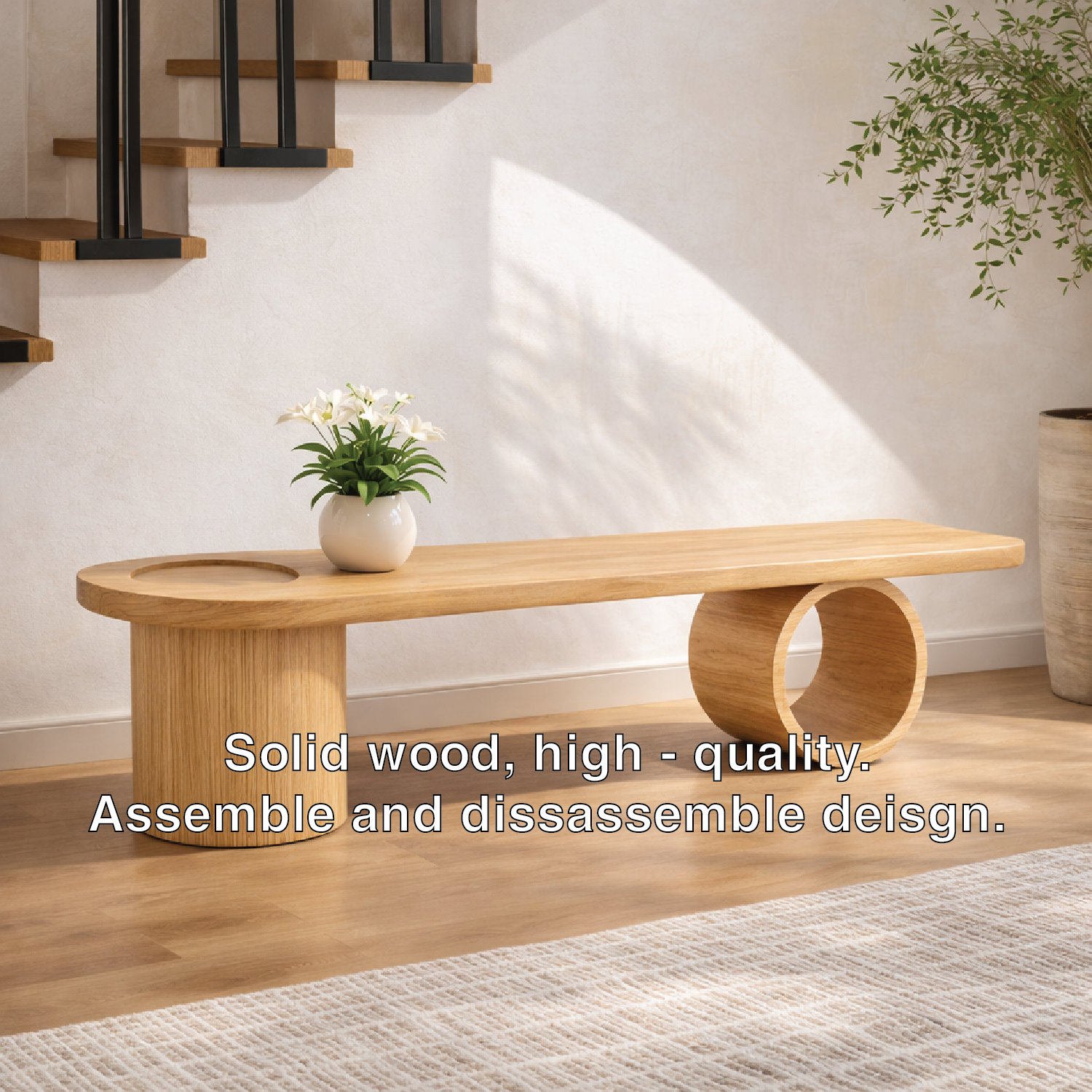 Modern Solid Oak Sculptural Bench, Minimalist Geometric Statement Seat