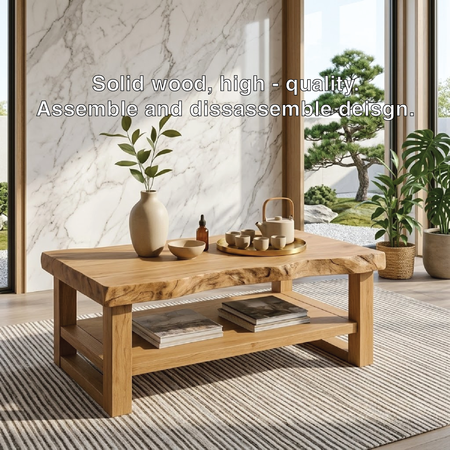 Rustic Solid Wood Coffee Table with Natural Finish and Lower Storage