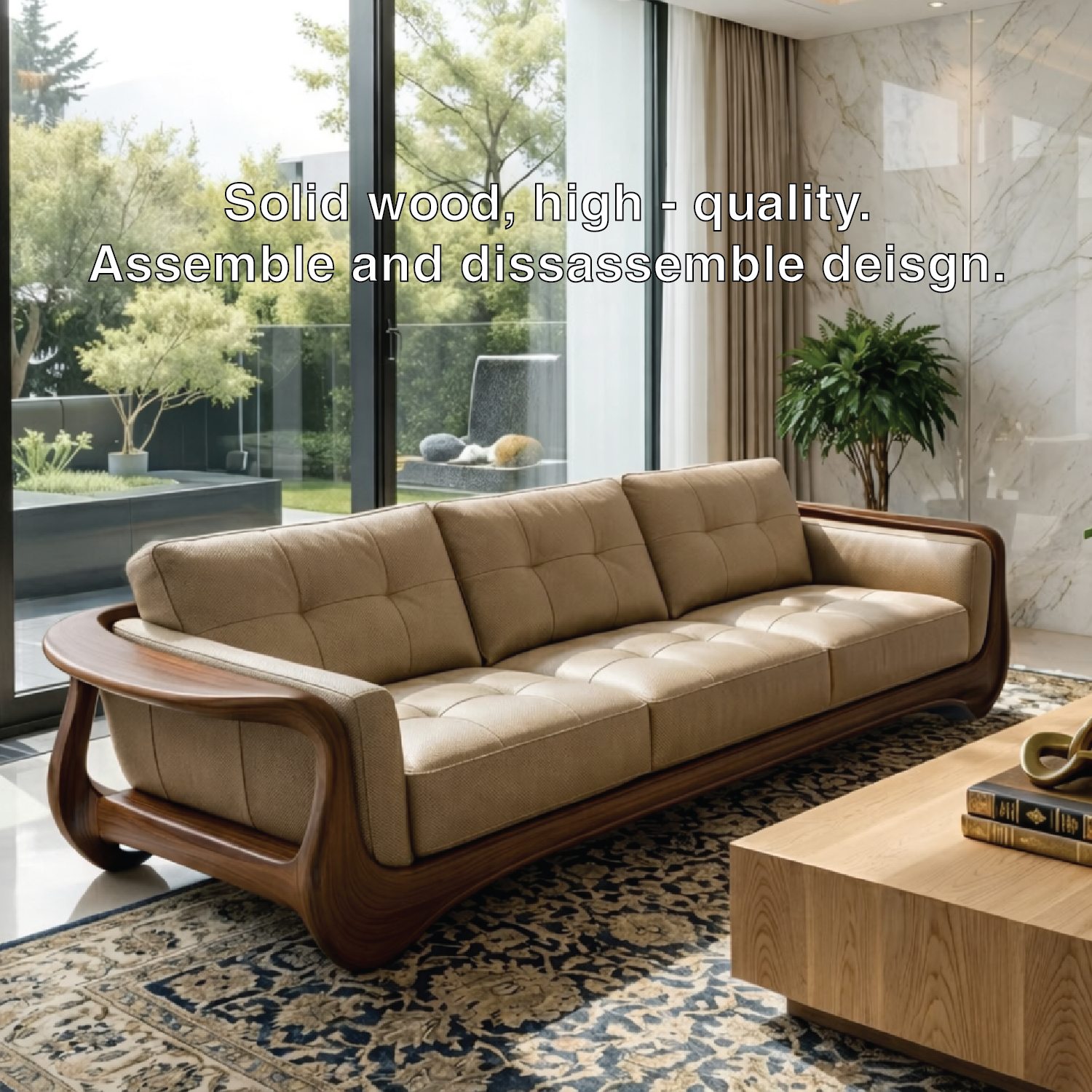 Luxury Curved Solid Wood Sofa with Tan Tufted Leather High-End Modern Couch
