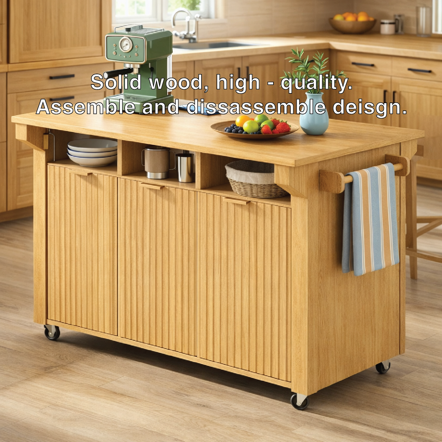 Rolling Kitchen Island with Storage Cabinet, Towel Rack, Modern Prep Cart for Kitchen Dining Space
