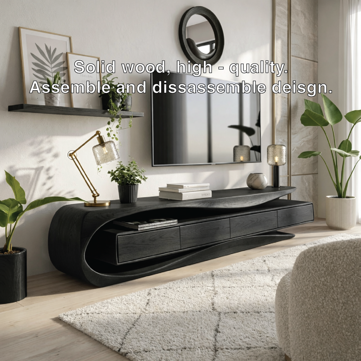 Solid Wood TV Stand with Curved Frame, Modern Low Profile Media Console